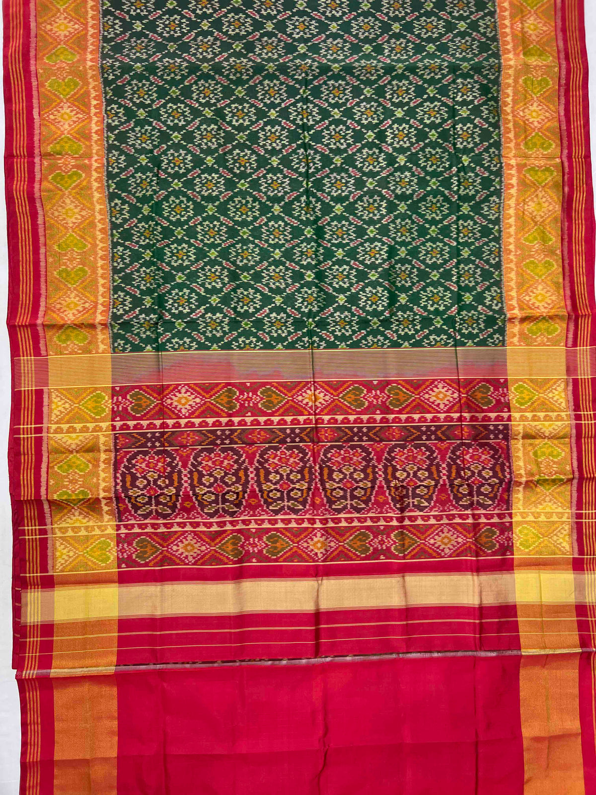 Green And Red Fancy Design Hand Woven Rajkot Patola Silk Saree