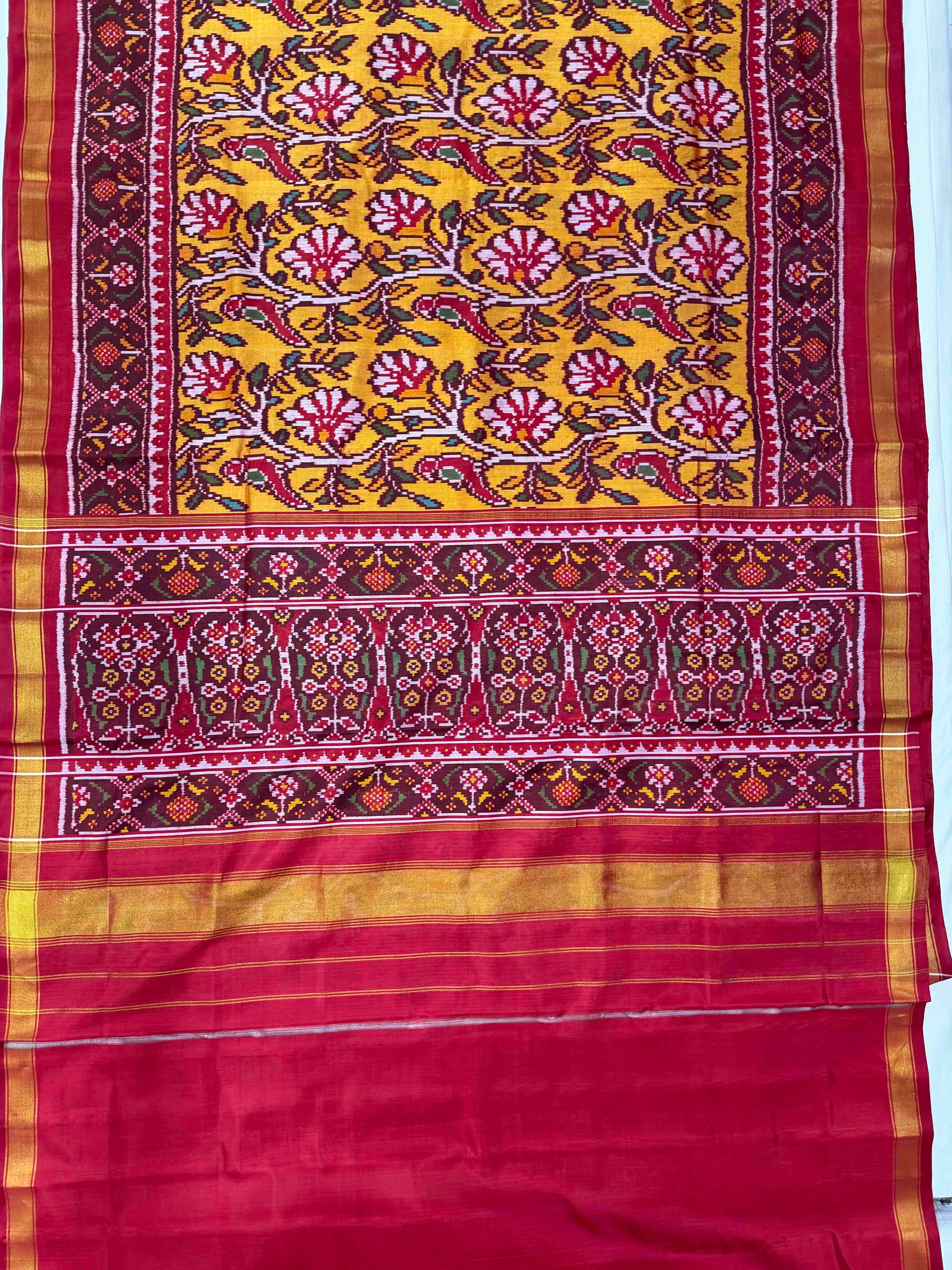 Musturd Yellow With Maroon Fancy Hand Woven Rajkot Patola Silk Saree