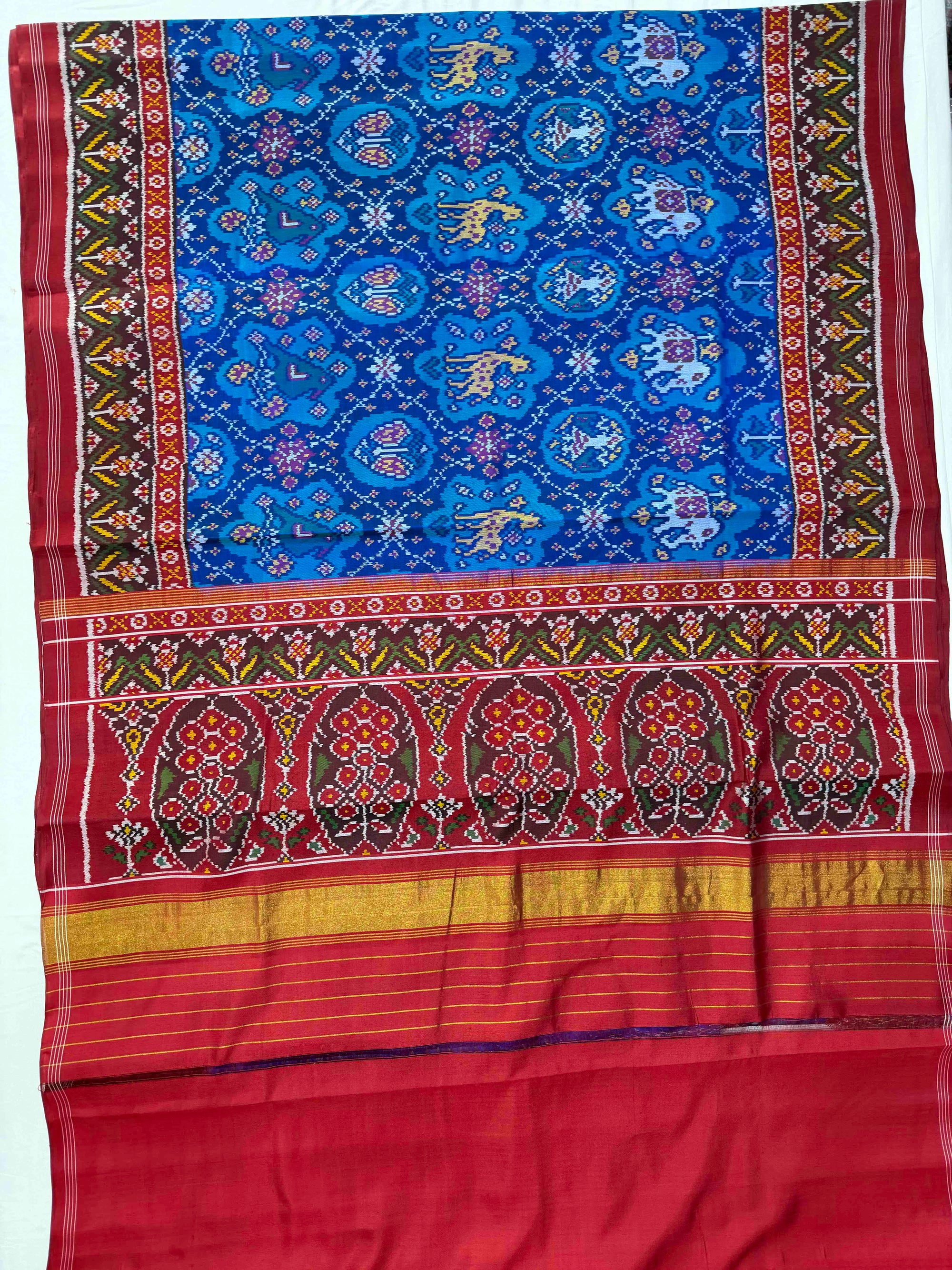 Blue & Red Big Motifs Hand Woven Rajkot Ikat Patola Silk Saree