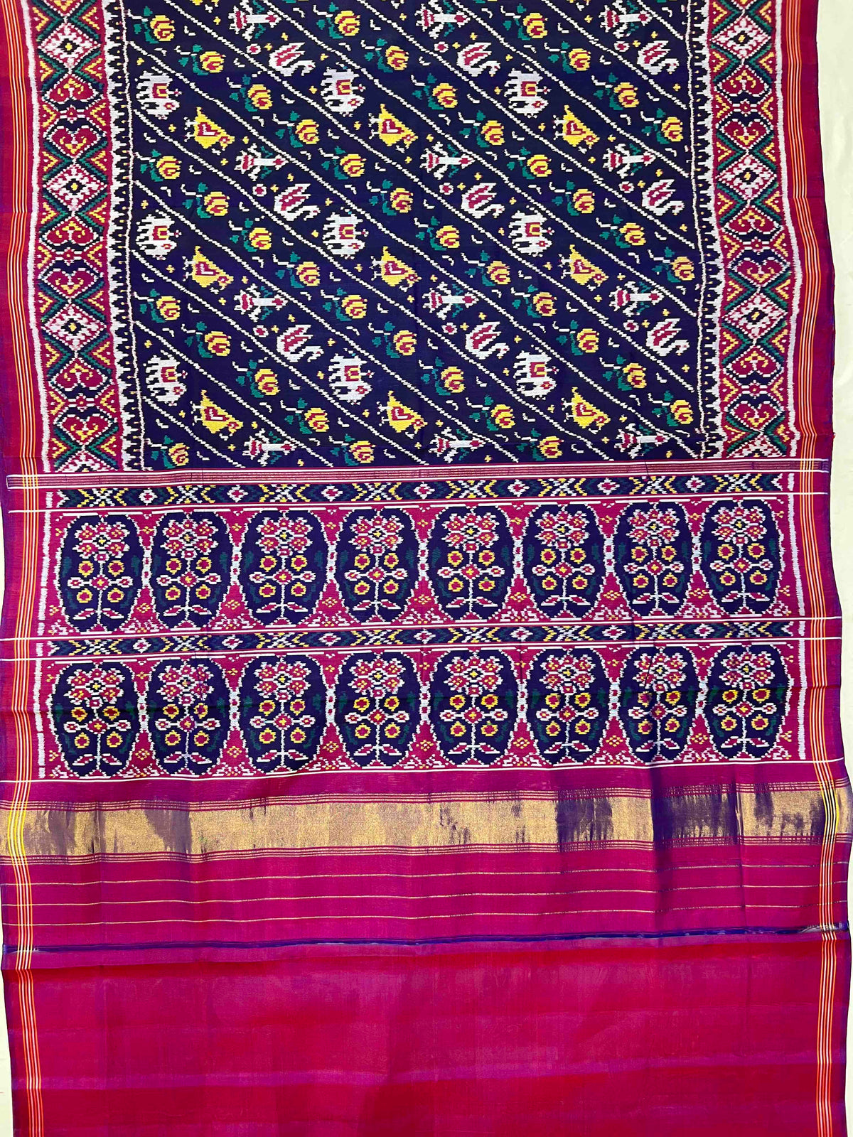 Blue With Magenta Laheriya Design Hand Woven Rajkot Ikat Patola Silk Saree