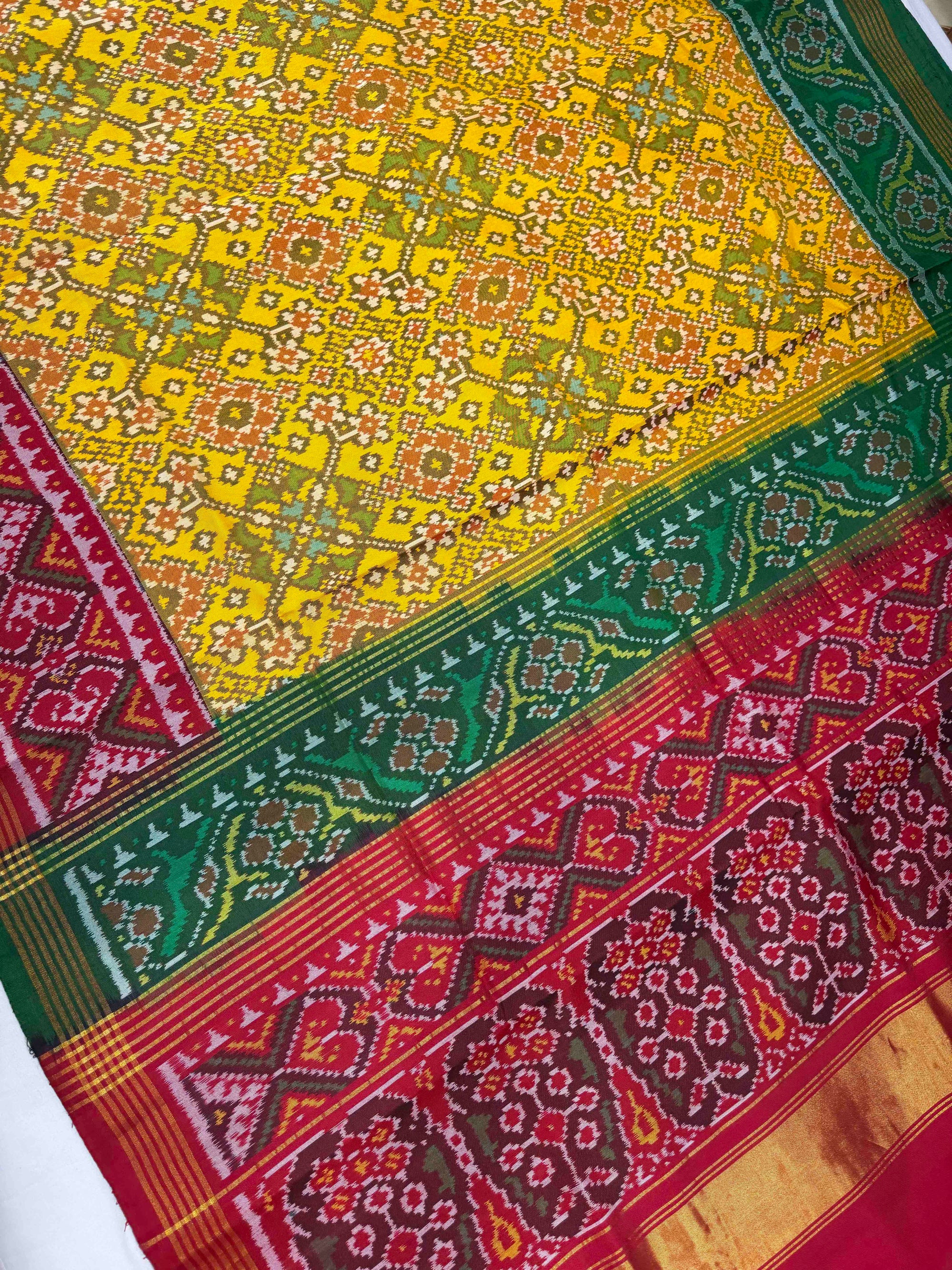 Yellow Ganga Jamuna Hand Woven Rajkot Ikat Patola Silk Saree