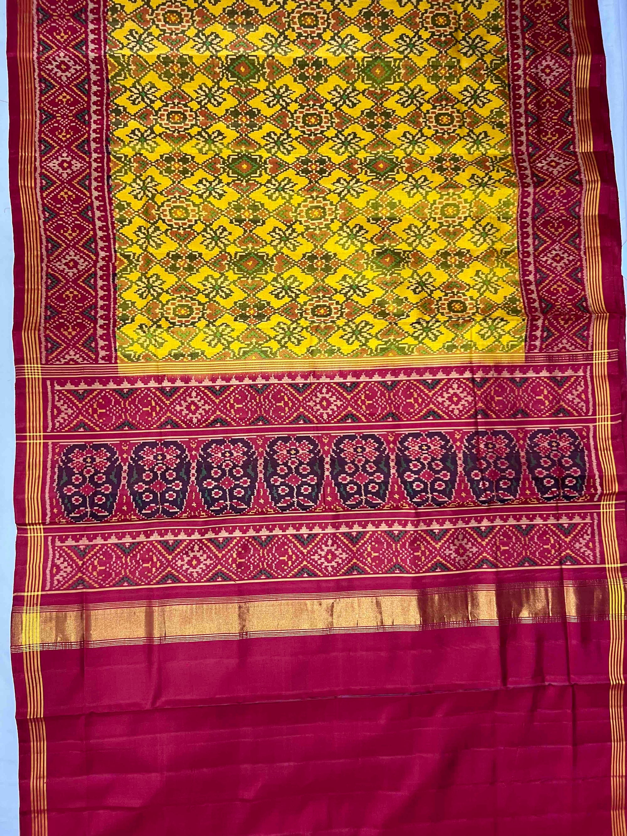 Yellow & Red Manekchok Hand Woven Rajkot Ikat Patola Silk Saree