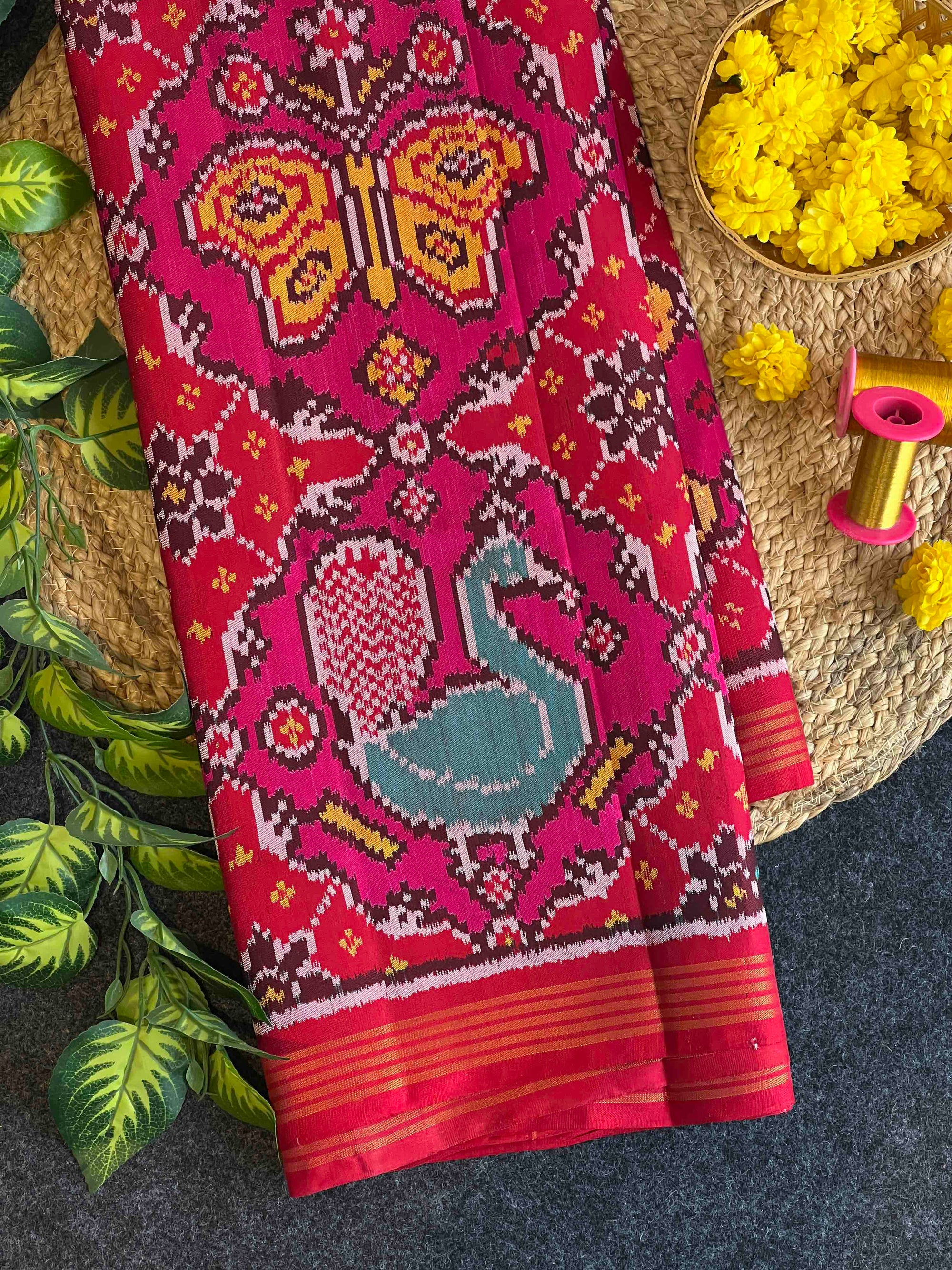 Pink & Red Rajkot Ikat Patola Silk Saree