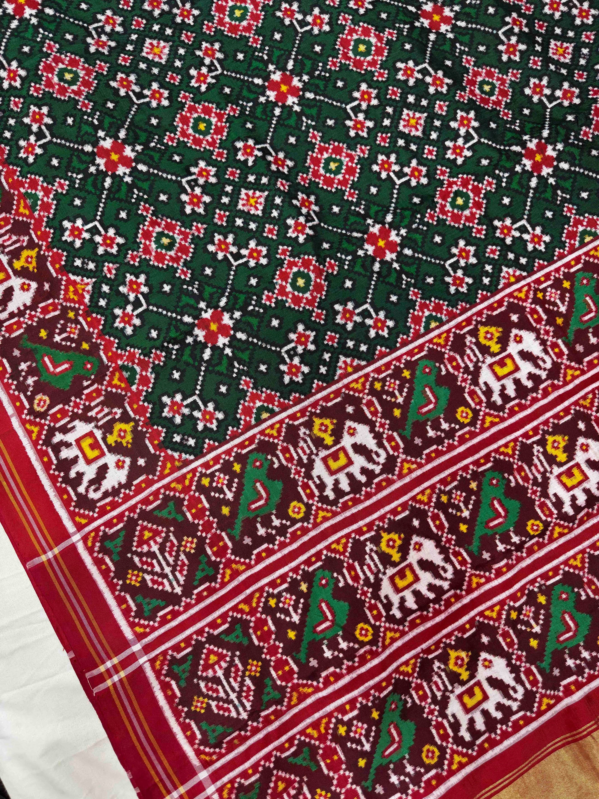 Green & Red Navratan Design Double Ikat Hand Woven Patola Silk Saree