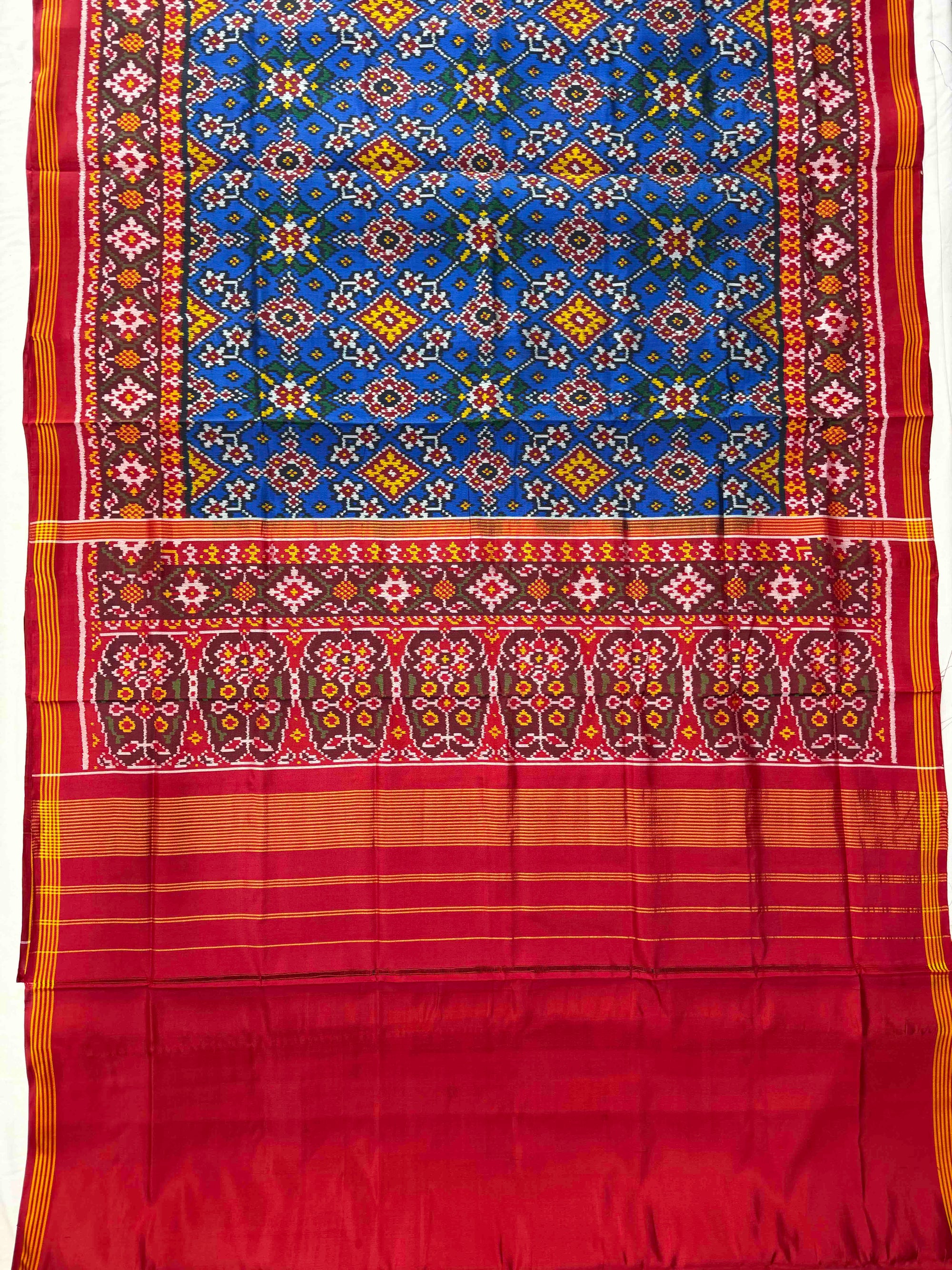Blue & Red Navratan Hand Woven Rajkot Ikat Patola Silk Saree