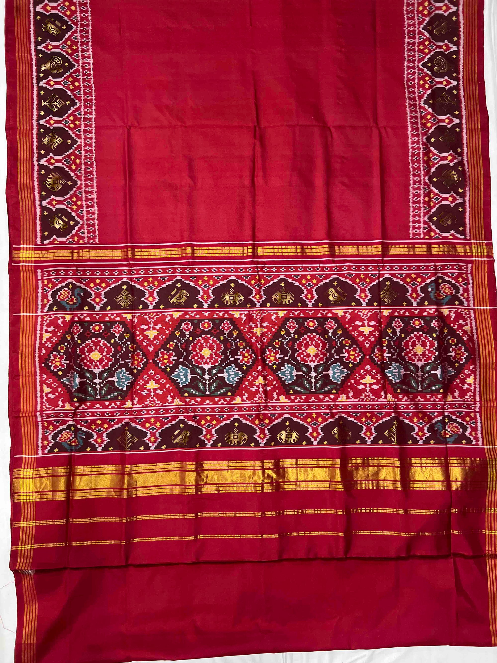 Red Plain With 5 Figure Zari Work Hand Woven Rajkot Ikat Patola Silk Saree