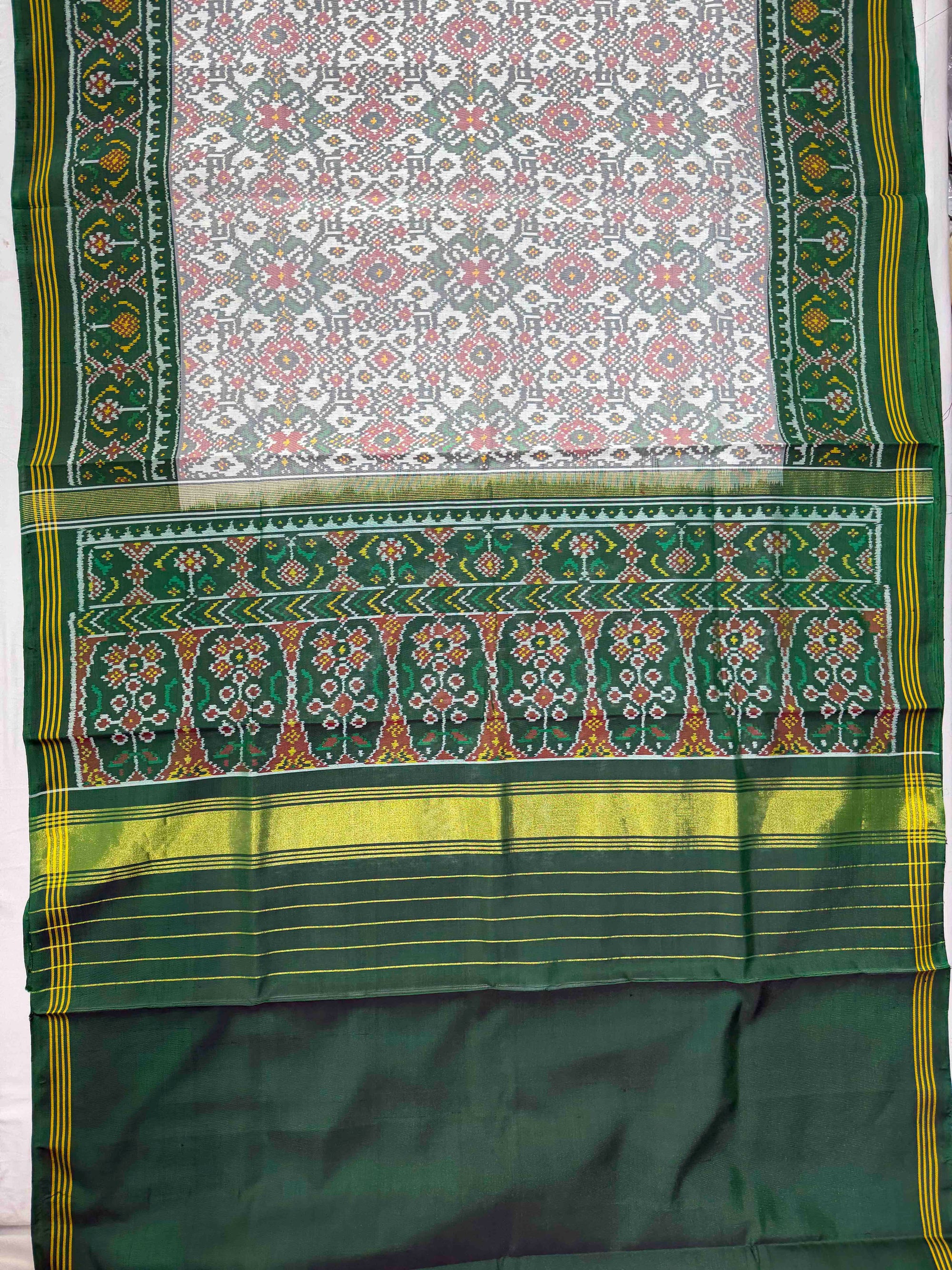 White & Green Hand Woven Rajkot Ikat Patola Silk Saree