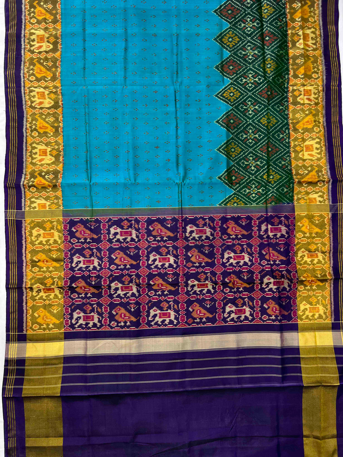 Sky Blue , Green And Purple Skirt Border Hand Woven Rajkot Patola Silk Saree