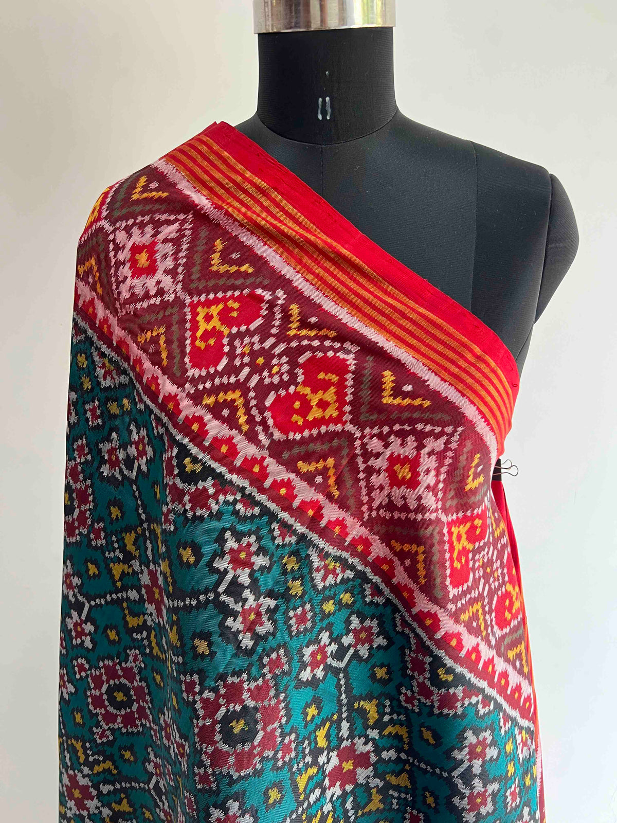 Sea Green & Red Navratan Design Hand Woven Rajkot ikat Patola Dupatta