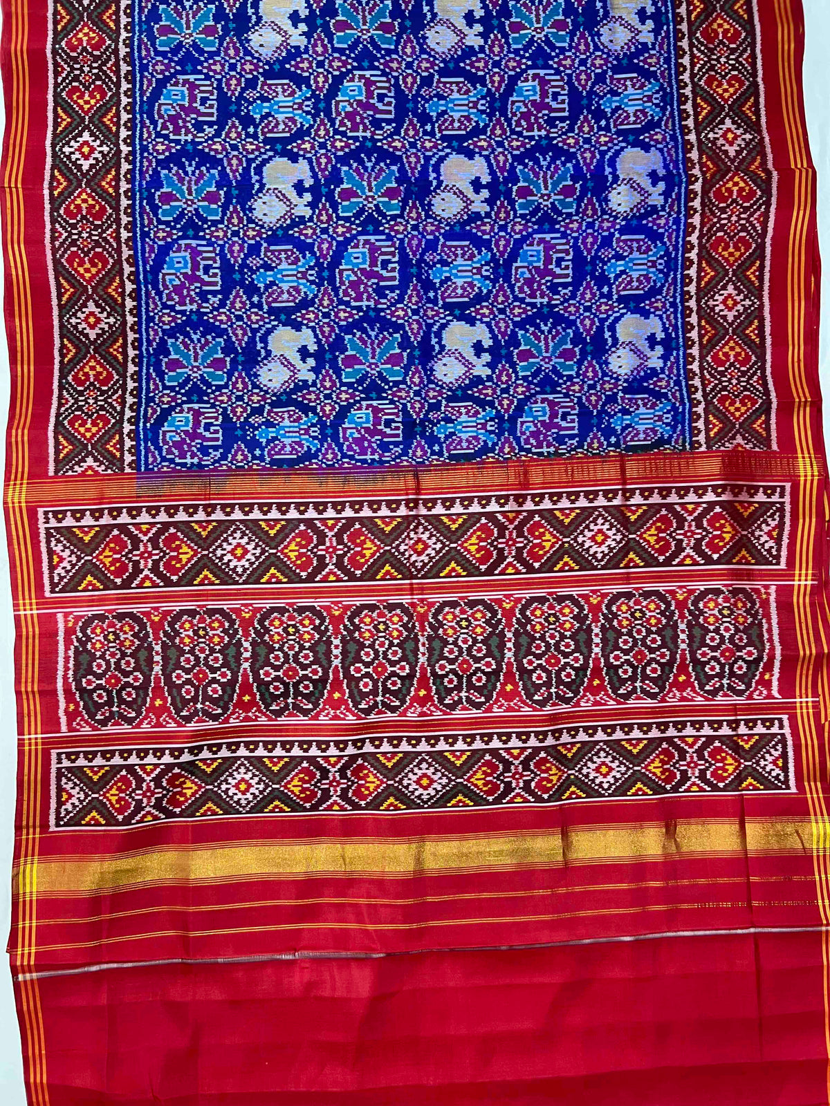 Blue And Red Small Motifs Design Hand Woven Rajkot Ikat Patola Silk Saree