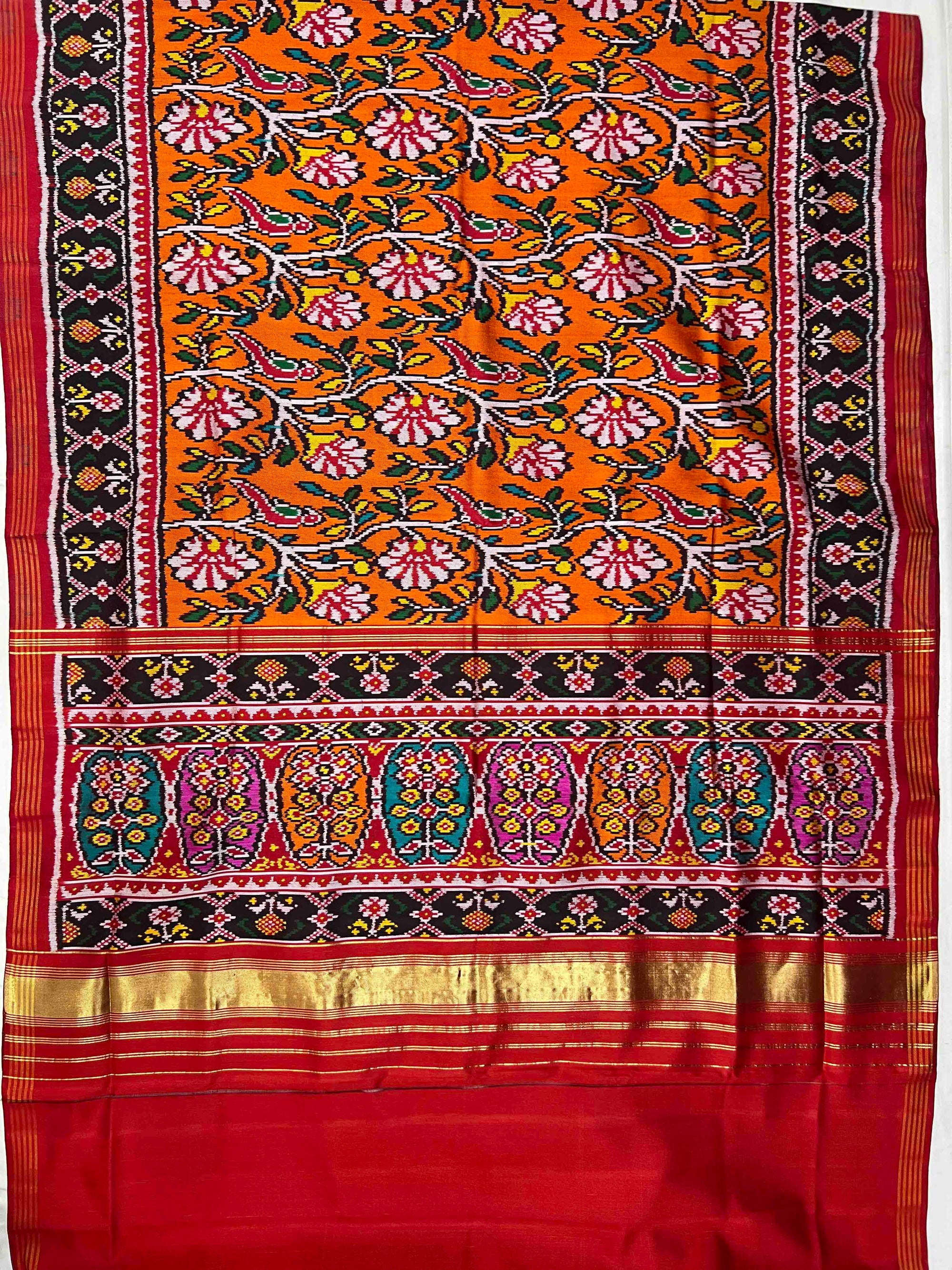Twill Ikat Fancy Orange With Red Color Hand Woven Patola Silk Saree