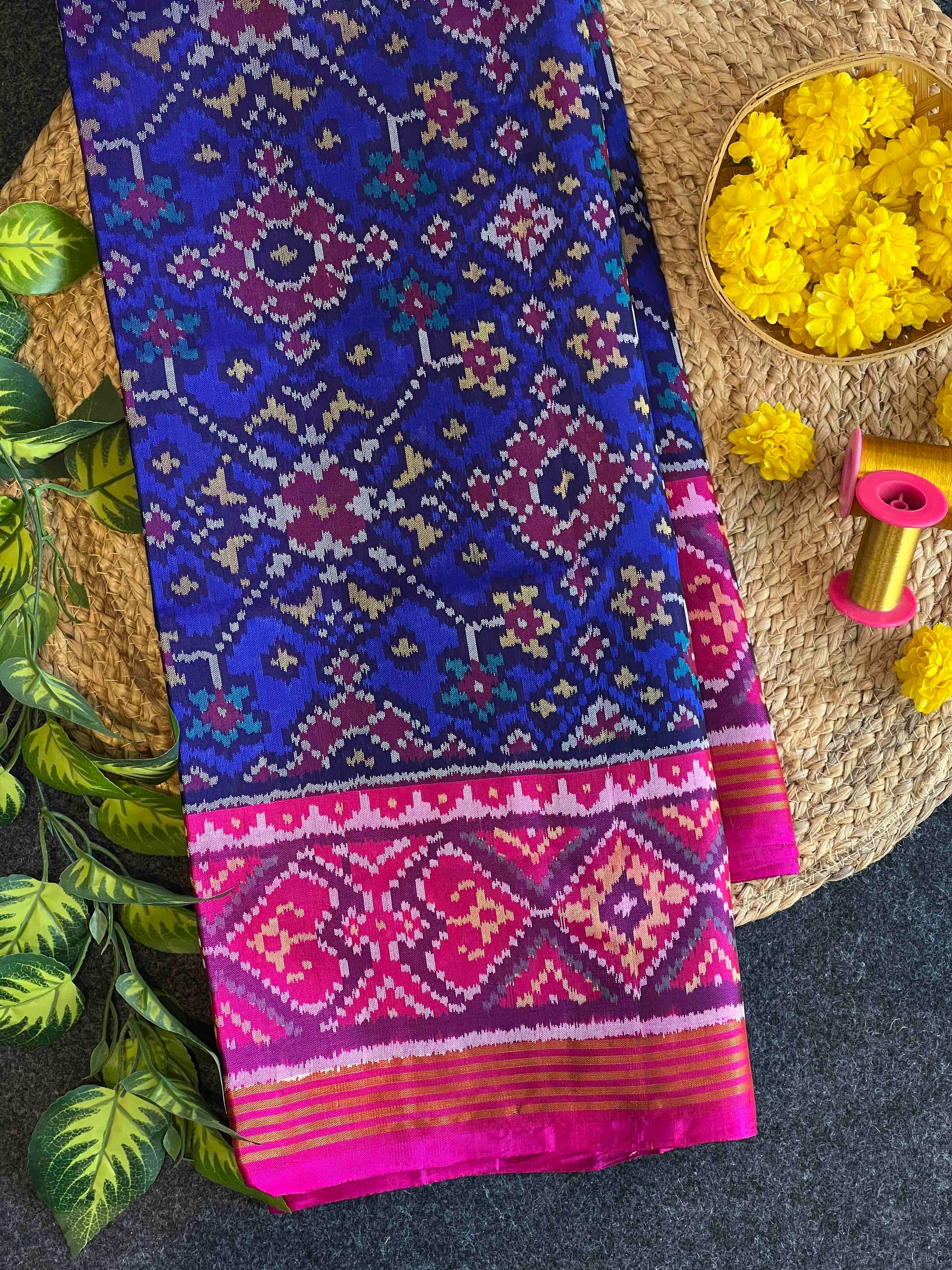 Blue & Pink Navratan Design Rajkot Ikat Patola Silk Saree