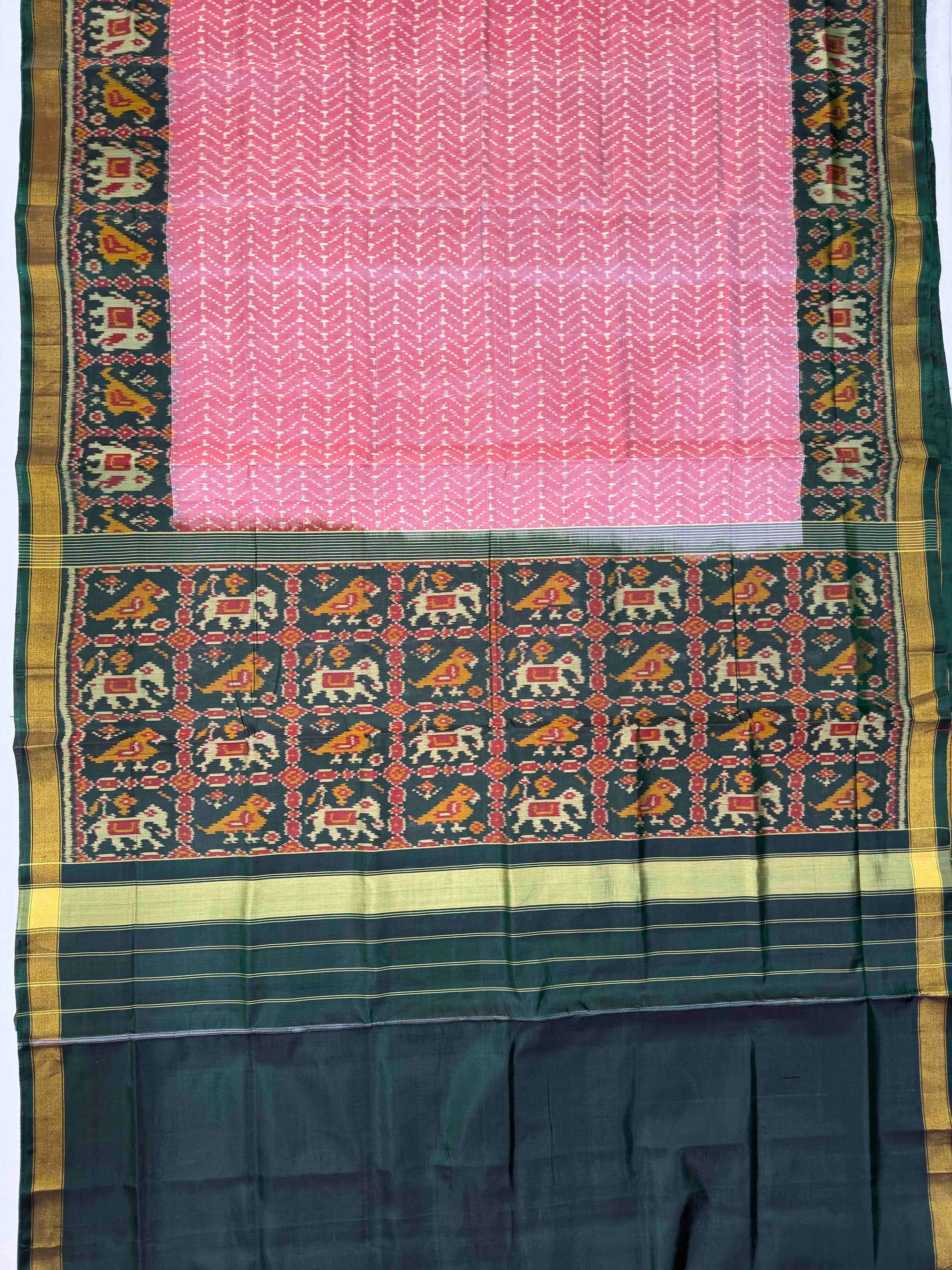 Light Pink & Green Hand Woven Rajkot Patola Silk Saree