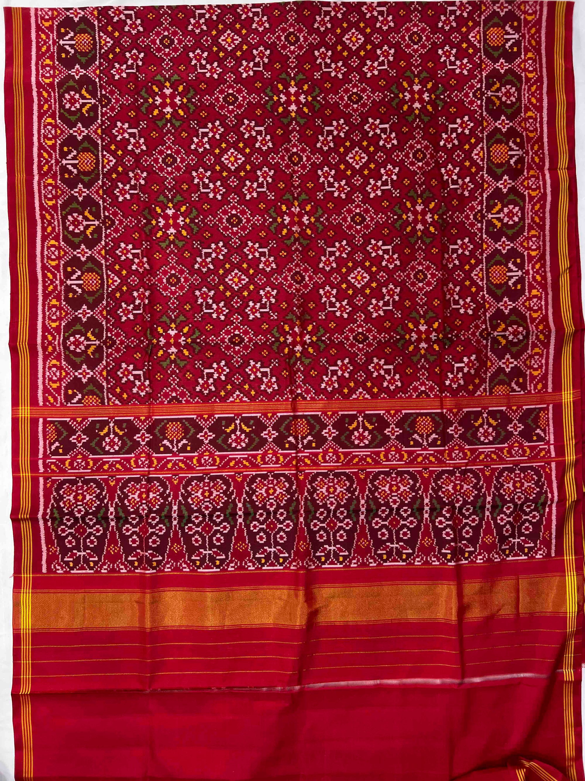 Full Red Navratan Design Hand Woven Rajkot Ikat Patola Silk Saree