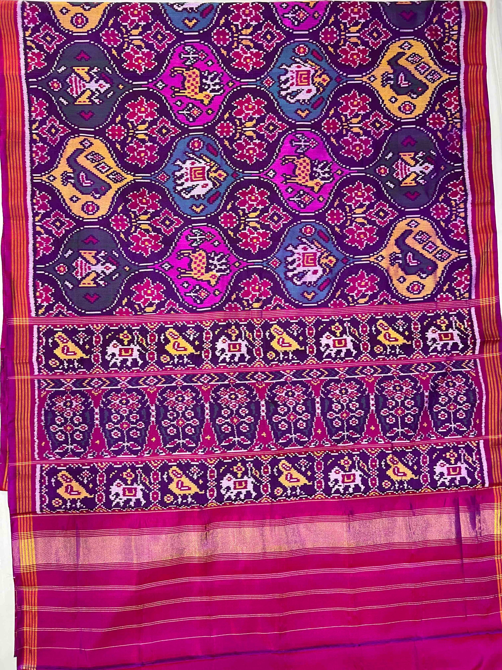Purple & Pink Multi Big Motifs Hand Woven Rajkot Ikat Patola Silk Saree