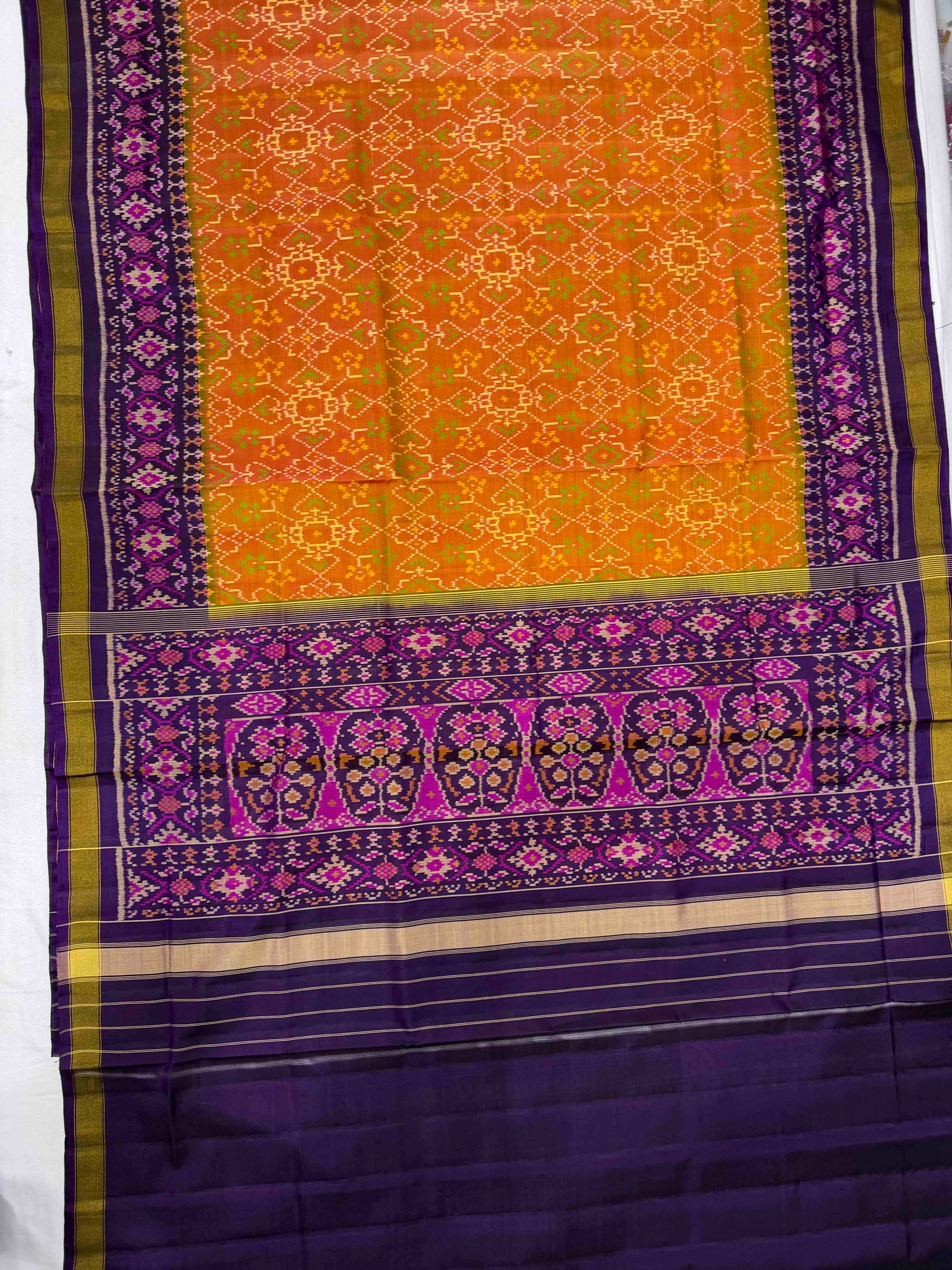 Yellow With Magenta Navratan Design Hand Woven Rajkot Patola Silk Saree