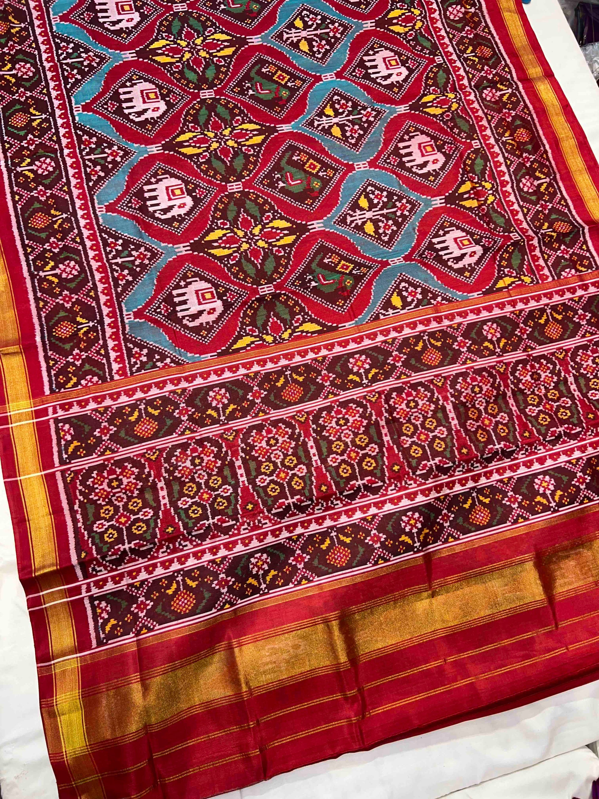 Red And Maroon Big Motifs Design Hand Woven Rajkot  Patola Silk Saree