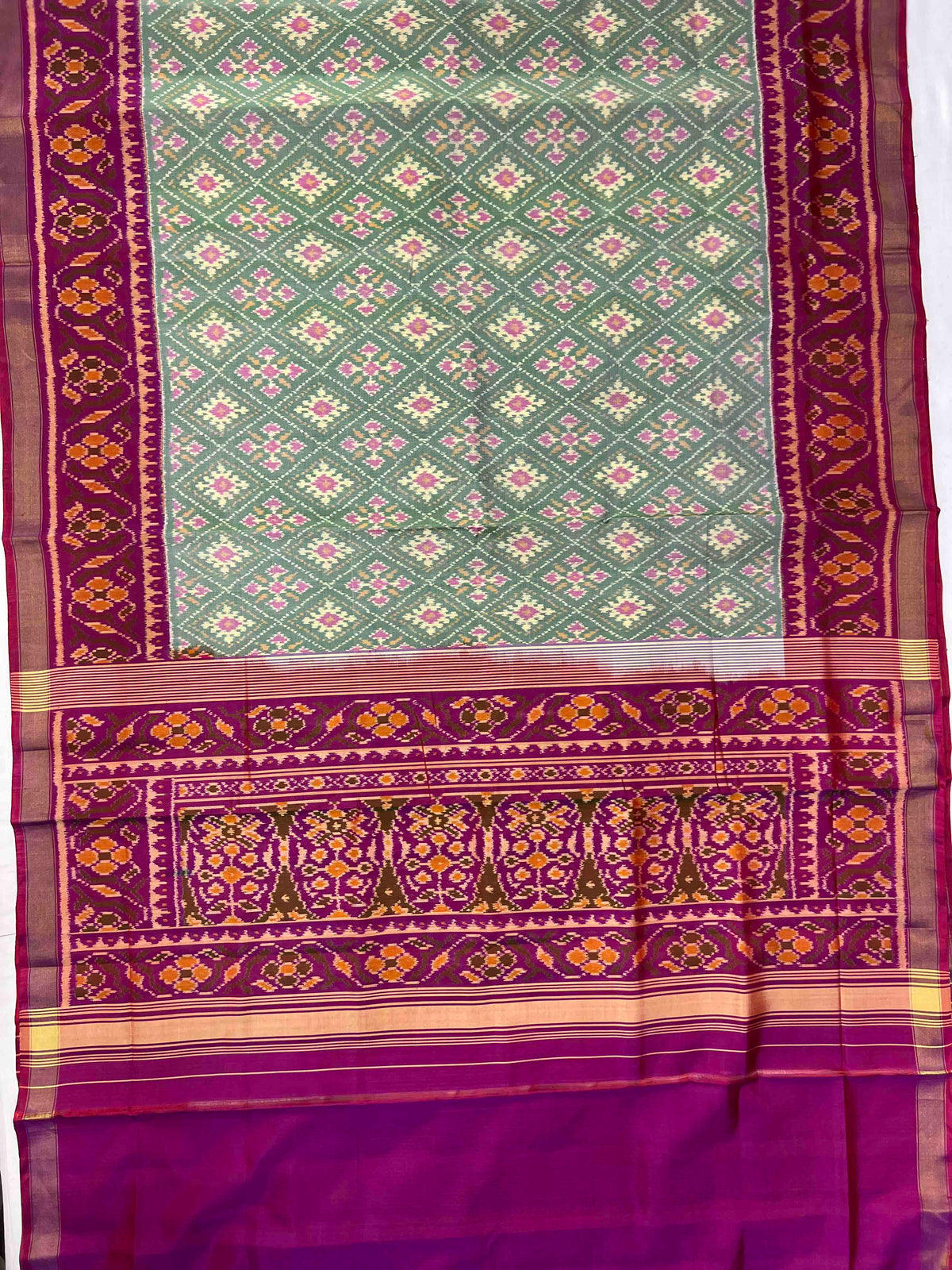 Light Green With Purple Navratan Design Hand Woven Rajkot Patola Silk Saree