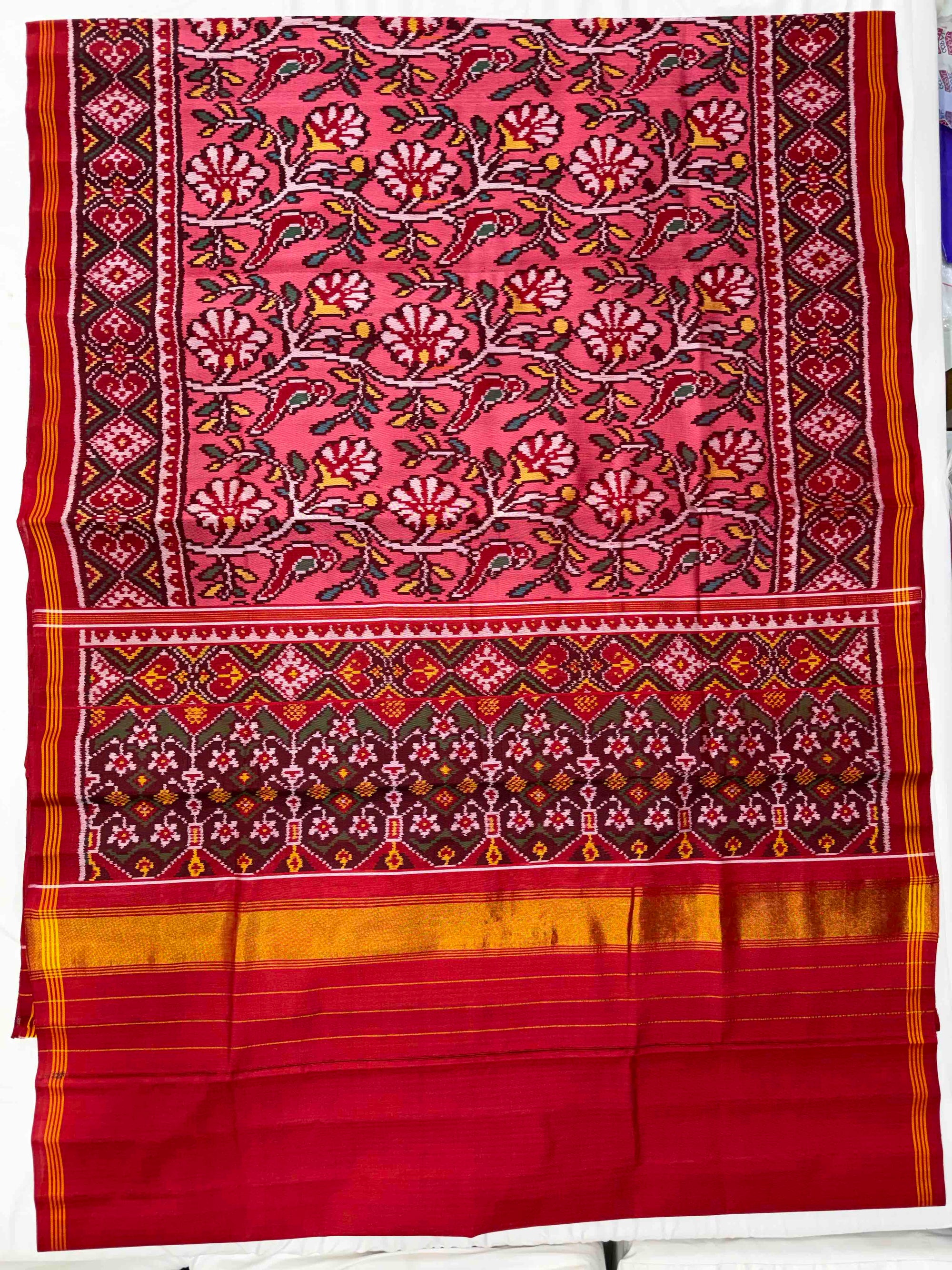 Baby Pink With Red Flower Design Hand Woven Rajkot Ikat Patola Silk Saree