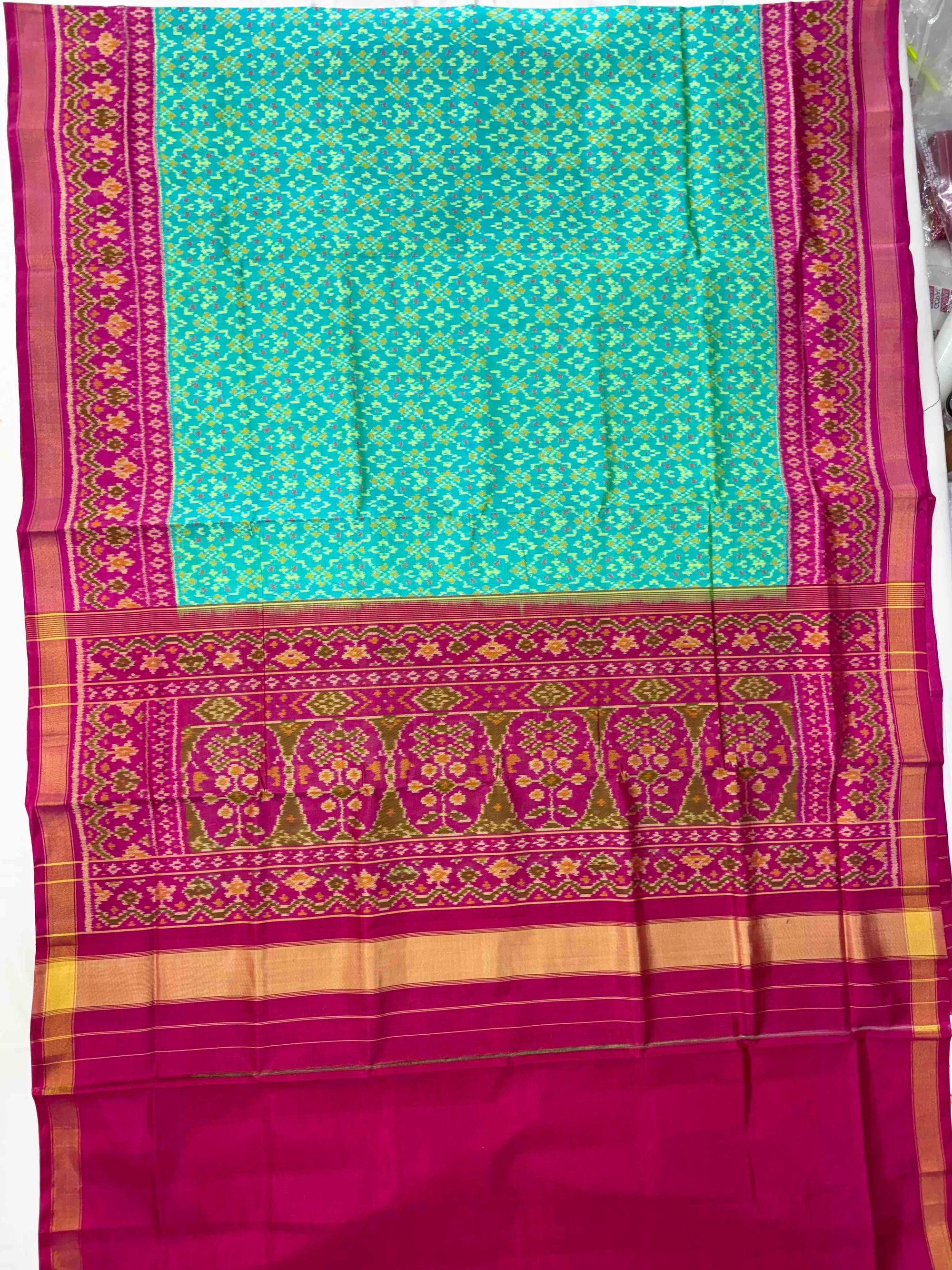 Sky Blue & Pink Buttonfull Design Hand Woven Rajkot Patola Silk Saree