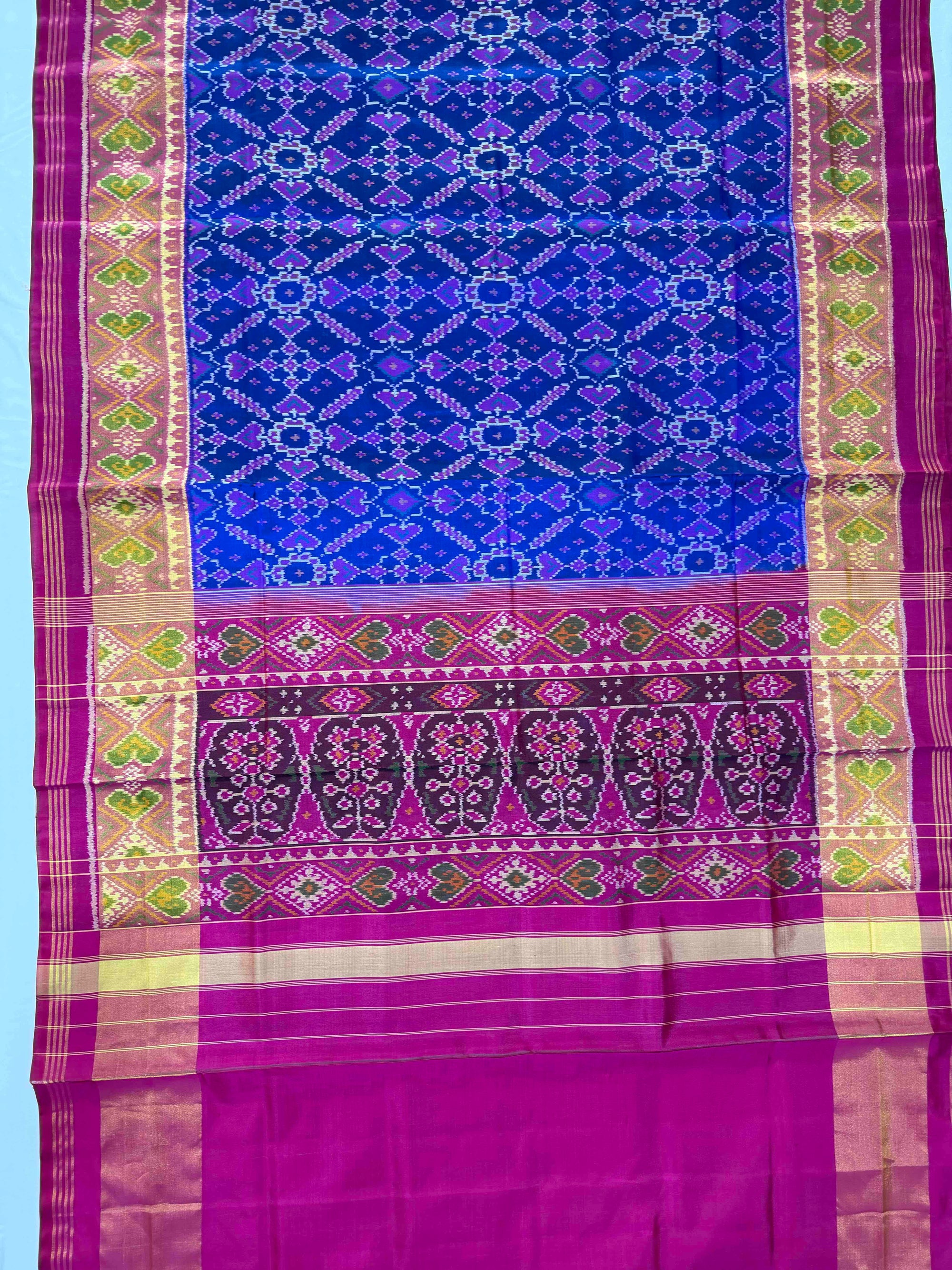 Blue & Pink Maneckchok Hand Woven Rajkot Patola Silk Saree