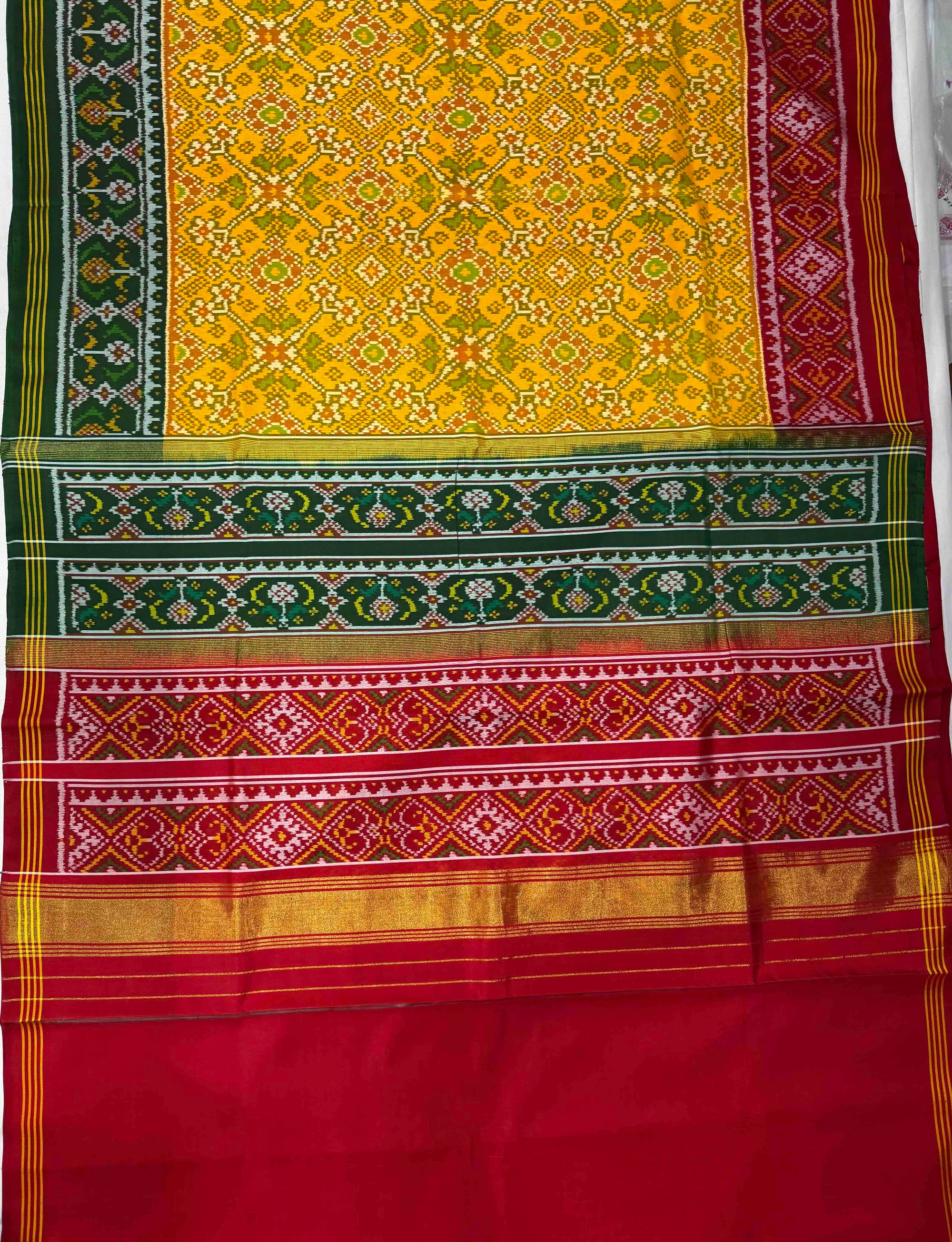Yellow With Red & Green Hand Woven Rajkot Ikat Patola Silk Saree