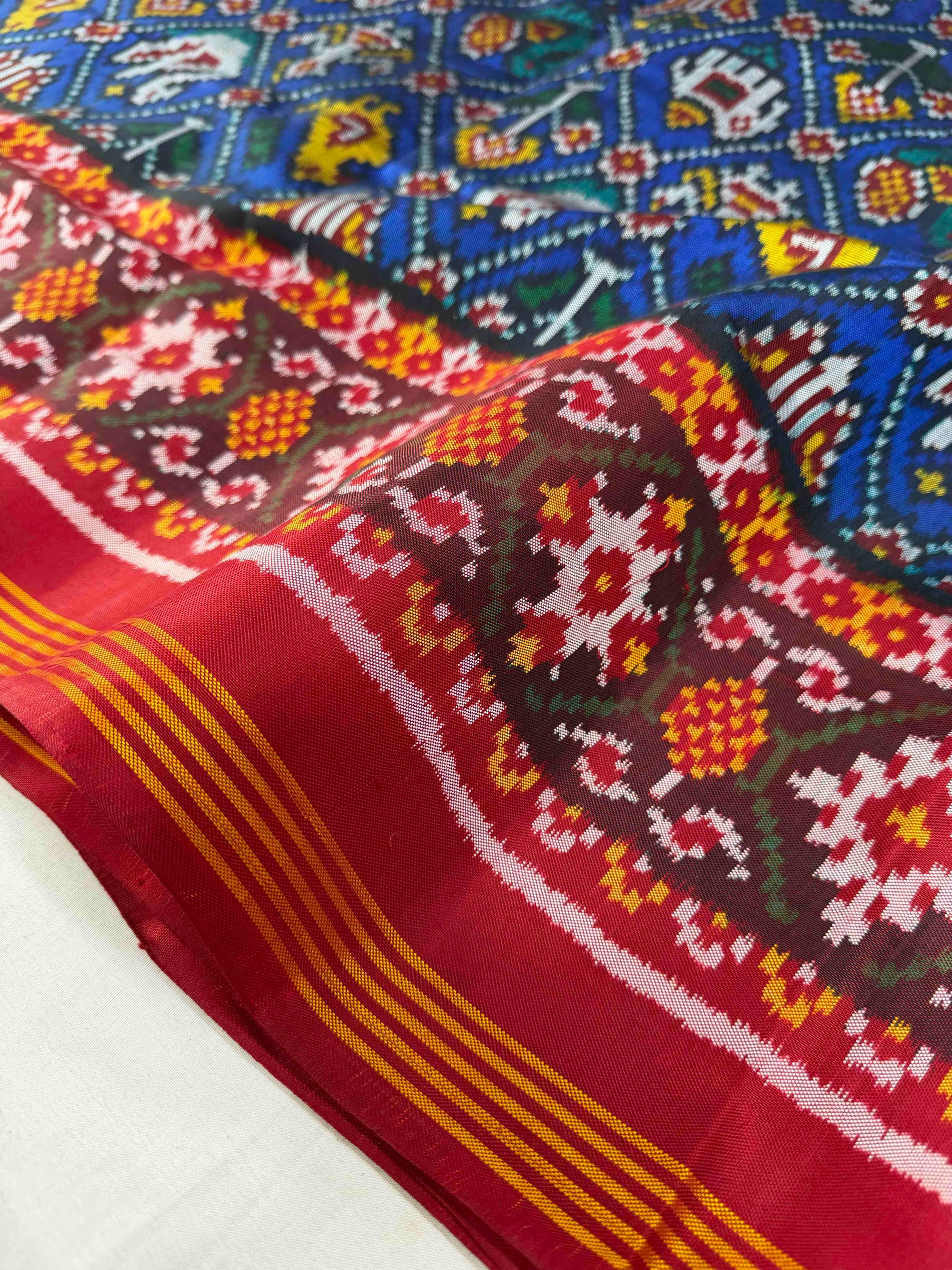 Blue And Red  Narikunj Design Hand Woven Rajkot Ikat Patola Silk Saree