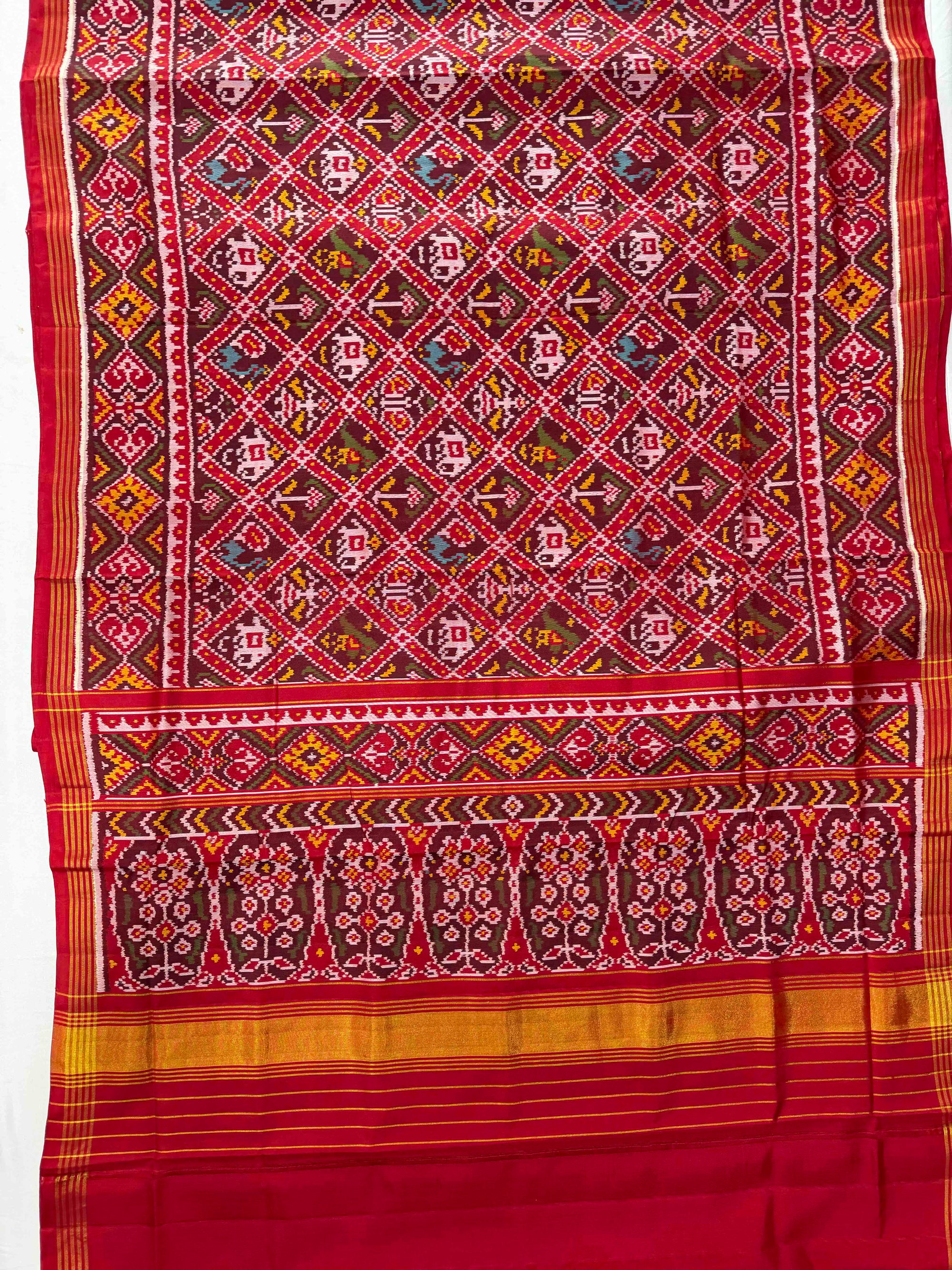Red & Maroon Narikunj Design Hand Woven Rajkot Ikat Patola Silk Saree