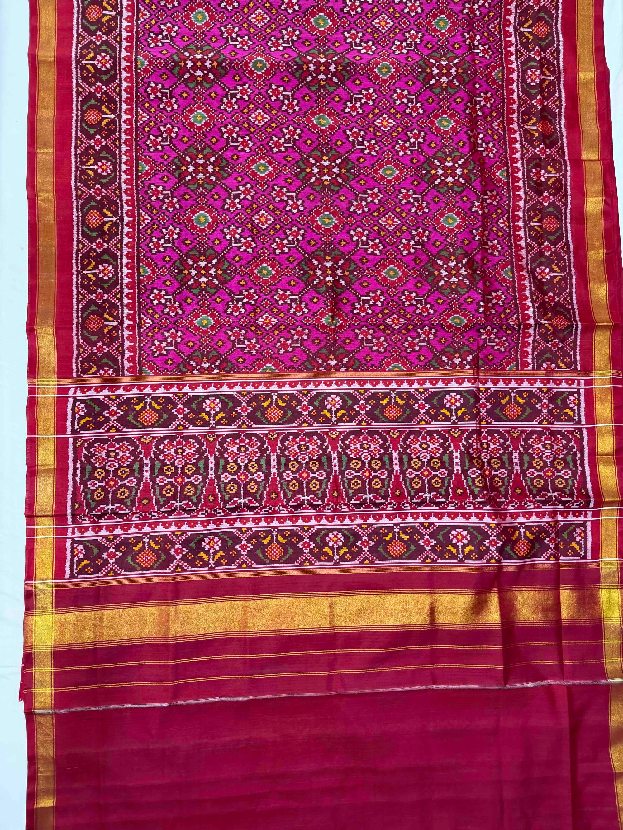 Pink With Maroon Navratan Hand Woven Rajkot Patola Silk Saree