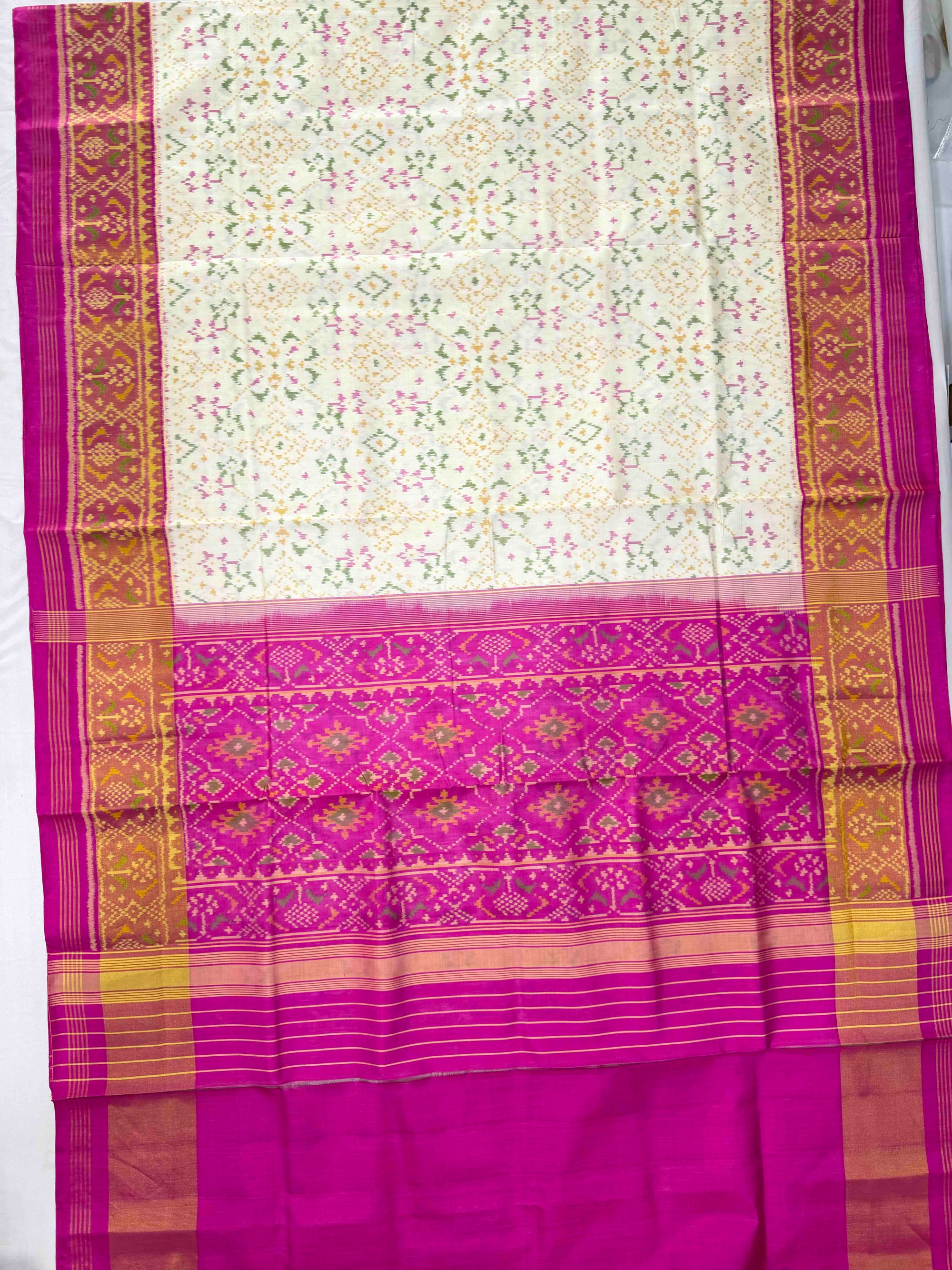 Pink & White Navratan Hand Woven Rajkot Patola Silk Saree