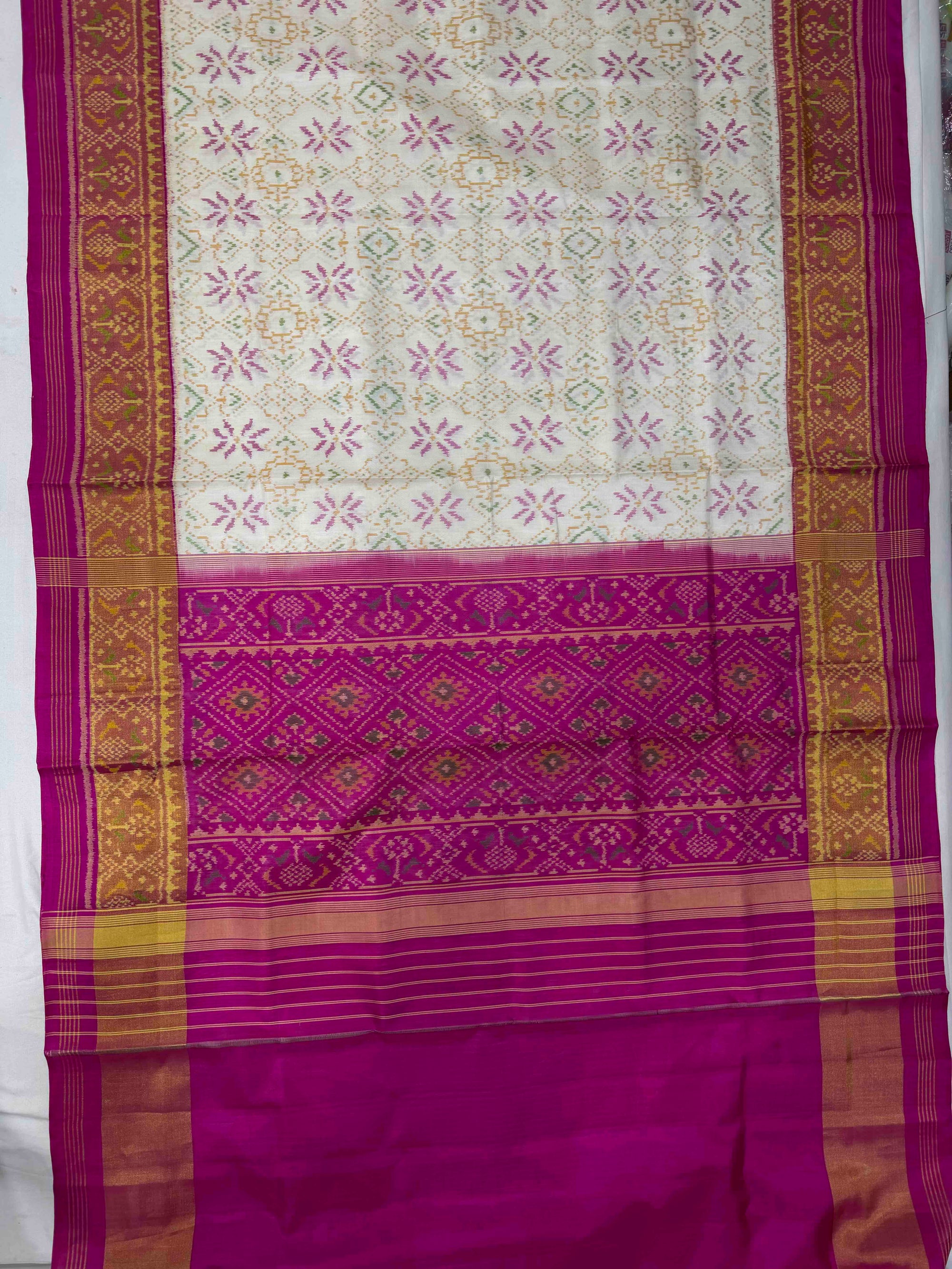 White With Pink Hand Woven Rajkot Patola Silk Saree