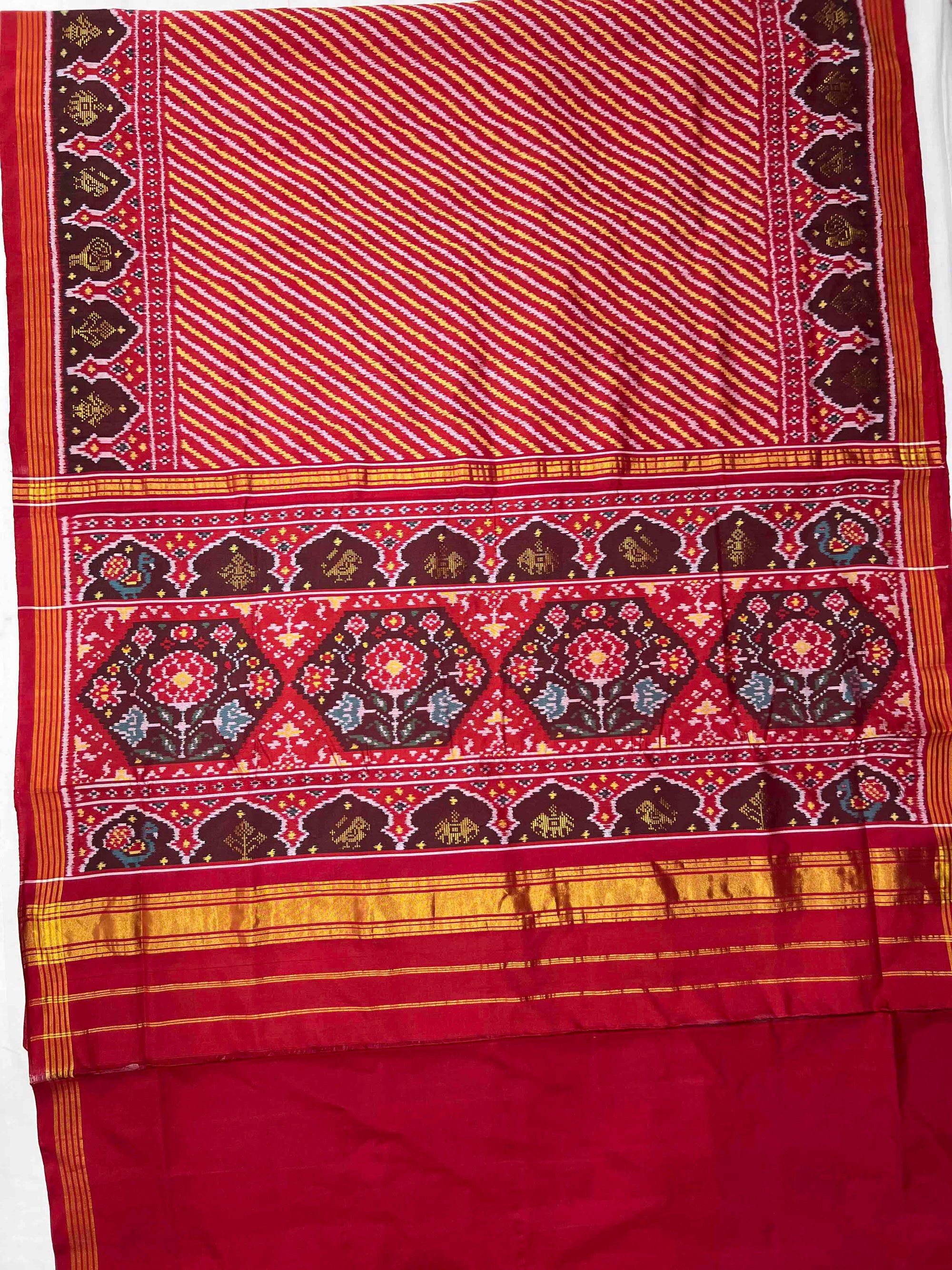Red Laheriya With 5 Figure Zari Work Hand Woven Rajkot Ikat Patola Silk Saree