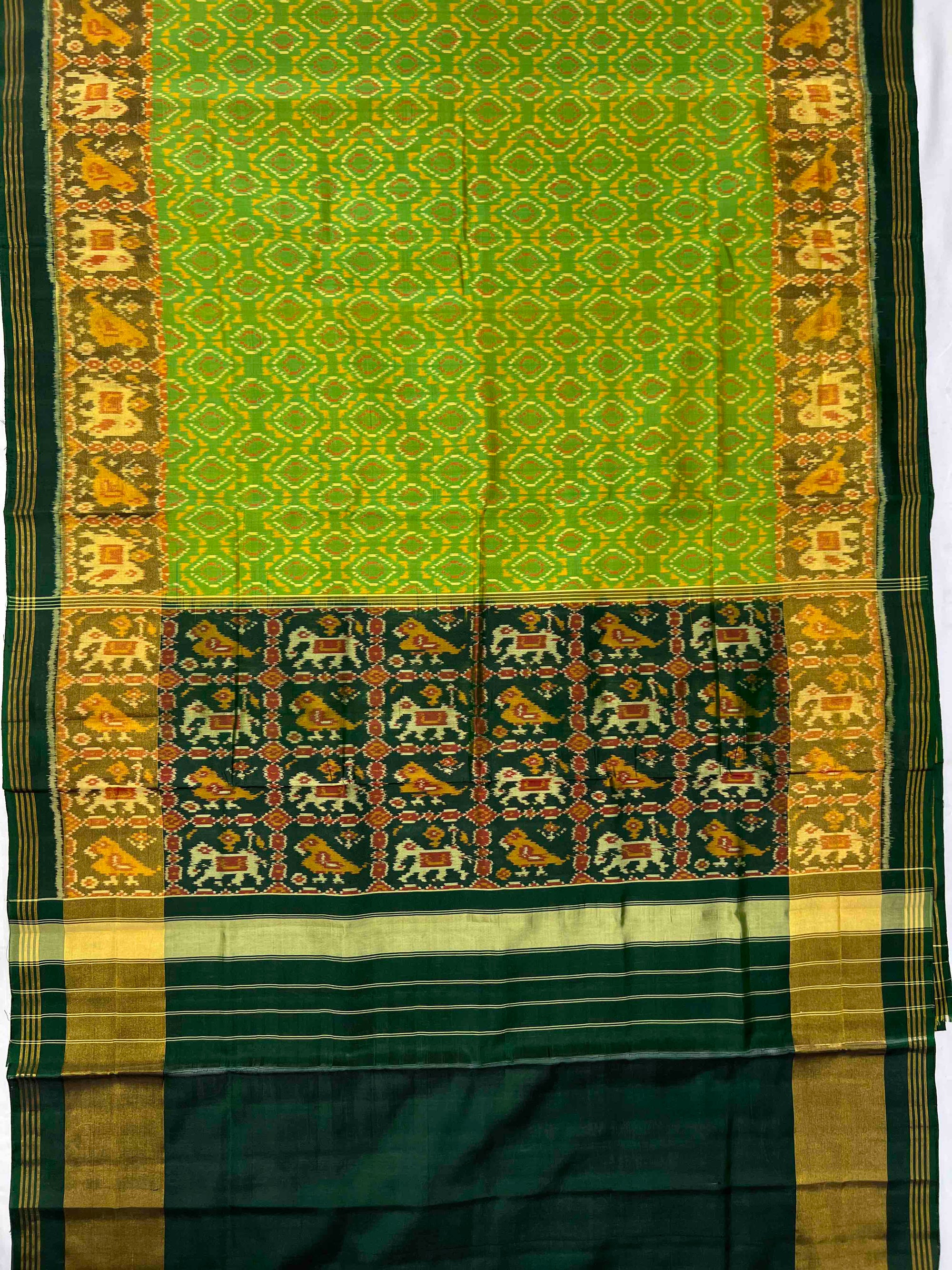 Parrot Green With Dark Green Small Design Hand Woven Rajkot Patola Silk Saree