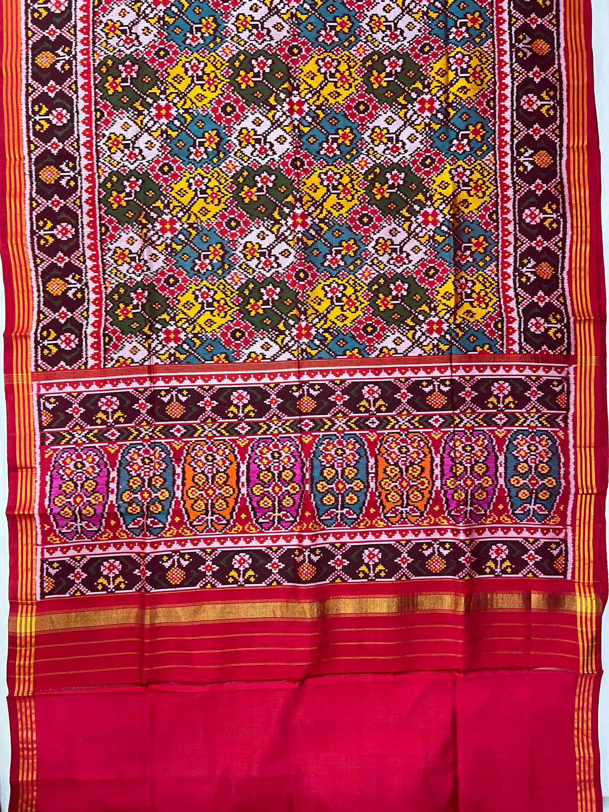 Multi Color Navratan Design Hand Woven Rajkot Ikat Patola Silk Saree