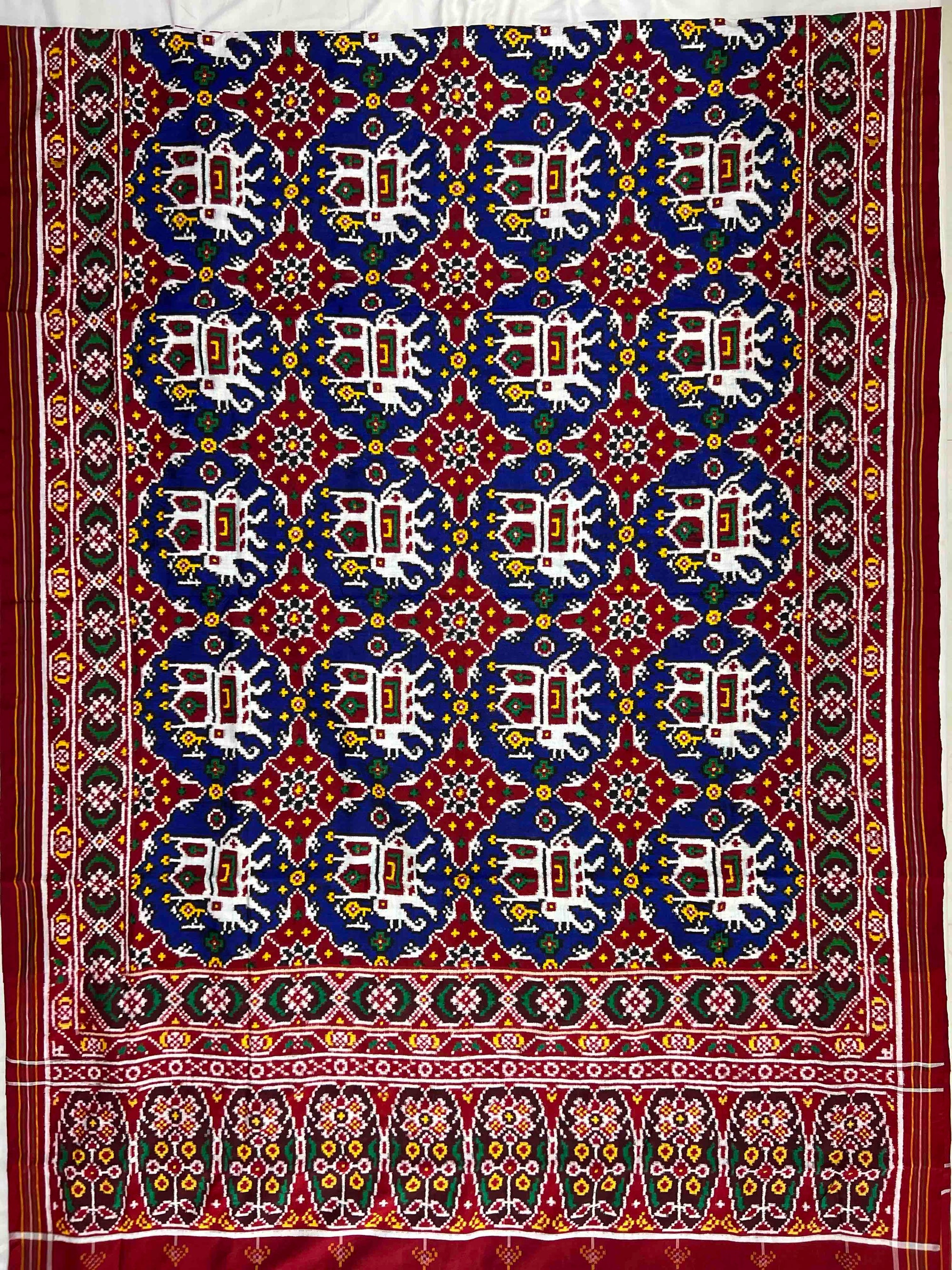 Blue & Red Chabdi Elephent Design Pure Hand Woven Double Ikat Patola Silk Saree