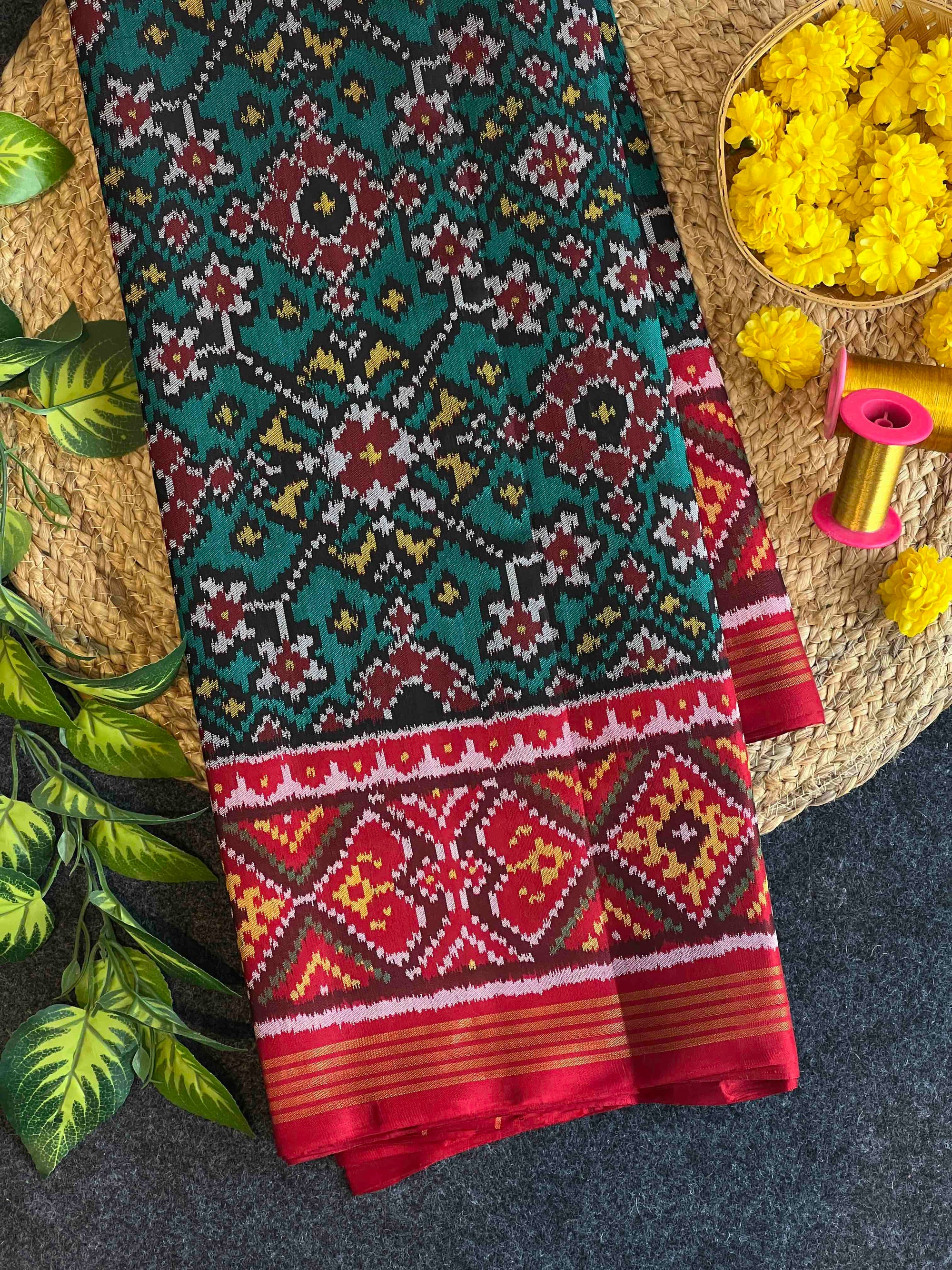 Sea Green & Red Navratan Design Rajkot Ikat Patola Silk Saree