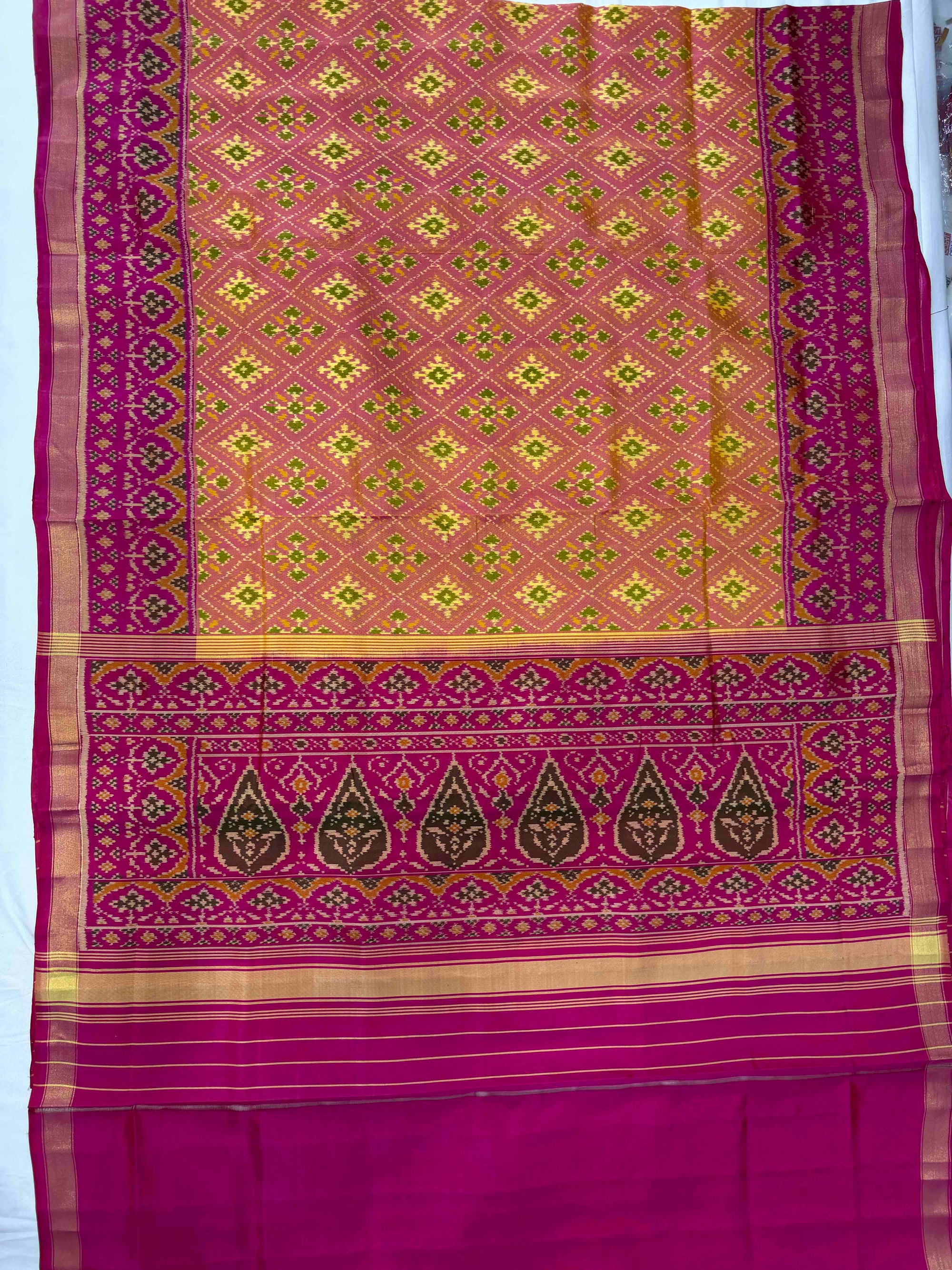 Pieach With Pink Paanchanda Design Hand Woven Rajkot Patola Silk Saree