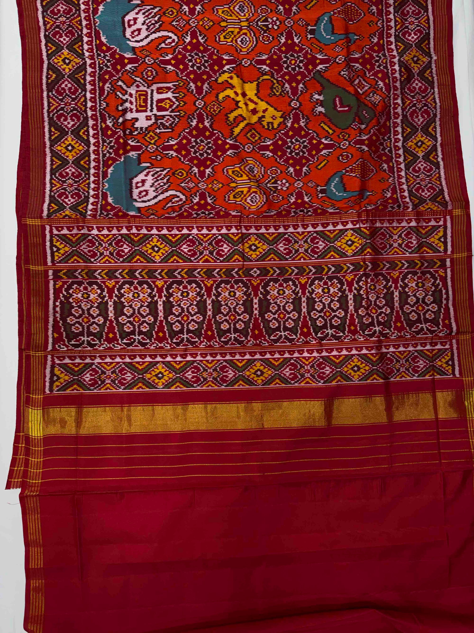Orange With Red Chabdi Bhat Hand Woven Rajkot Ikat Patola Silk Saree