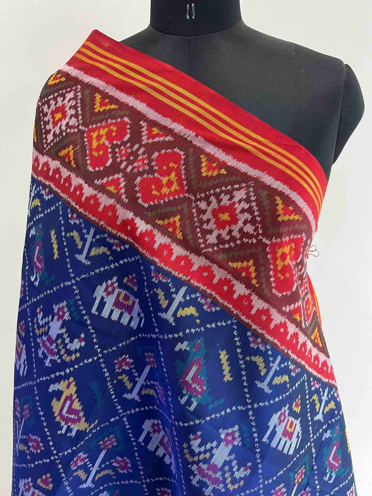 Blue & Red Small Narikunj Design Hand Woven Rajkot ikat Patola Dupatta
