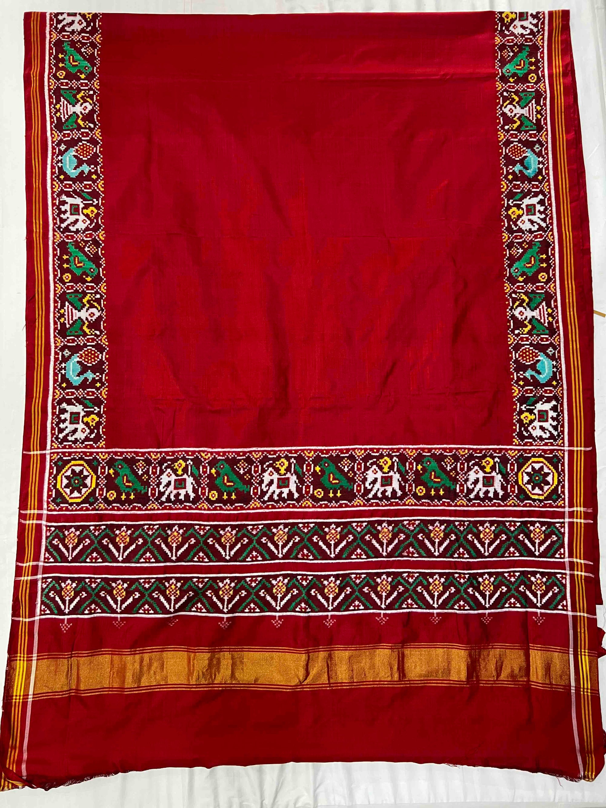 Full Red Plain With Narikunj Border Pure Hand Woven Double Ikat Patola Silk Saree