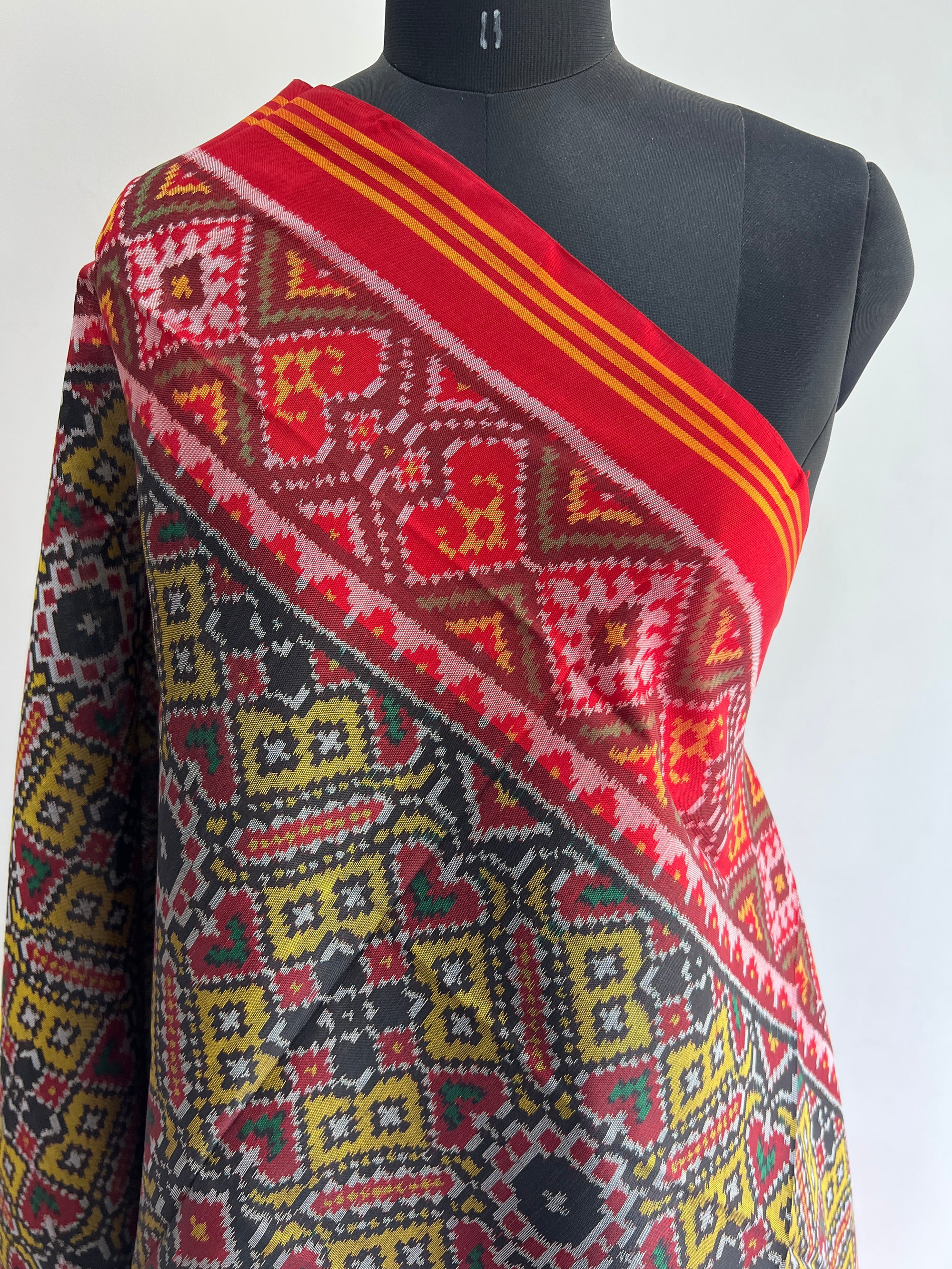 Musturd With Red Hand Woven Rajkot ikat Patola Dupatta
