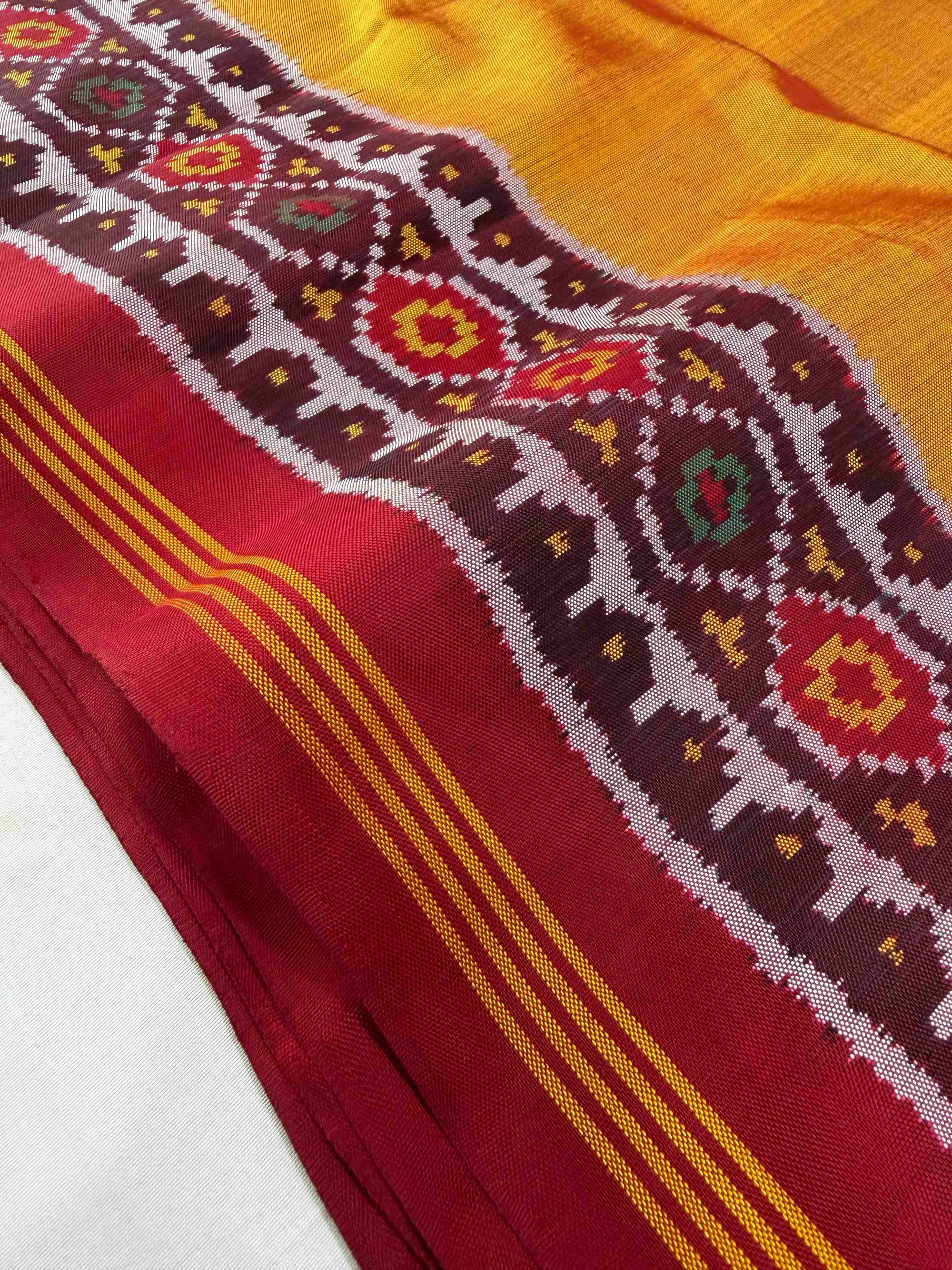 Musturd Yellow & Maroon Plain Gala Border Rajkot Ikat Patola Silk Saree