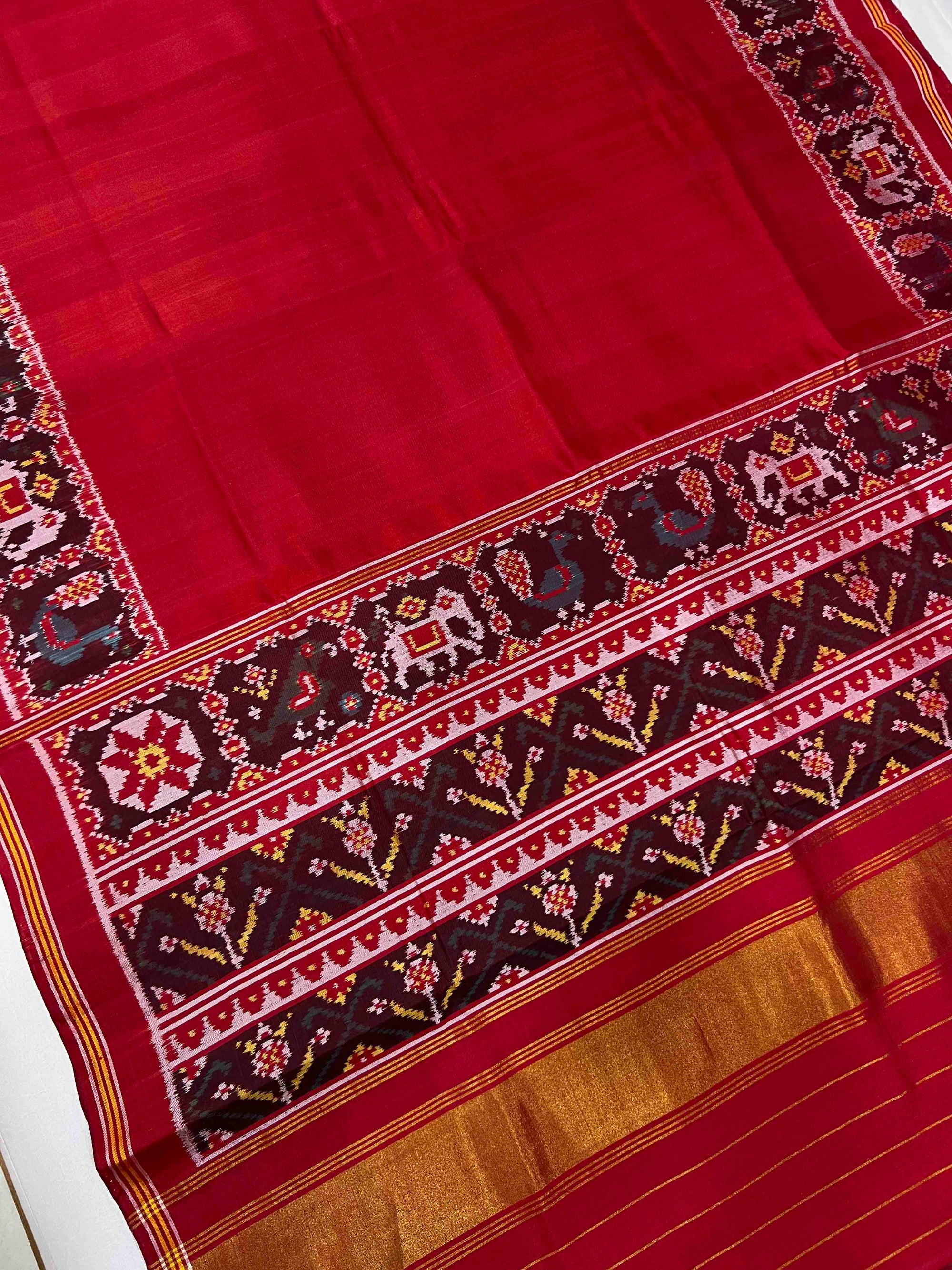 Plain Red With Maroon Hand Woven Rajkot Ikat Patola Silk Saree