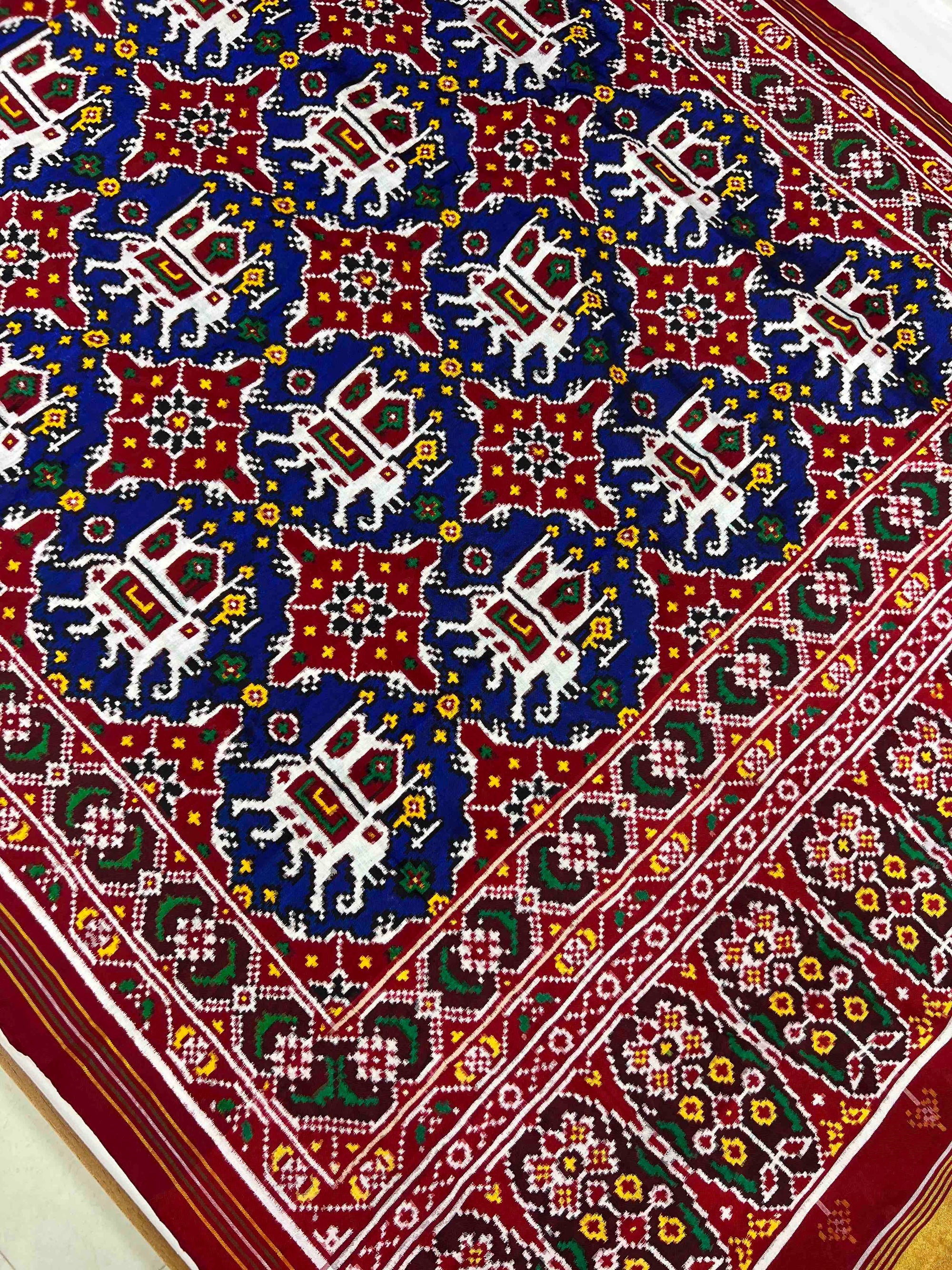Blue & Red Chabdi Elephent Design Pure Hand Woven Double Ikat Patola Silk Saree