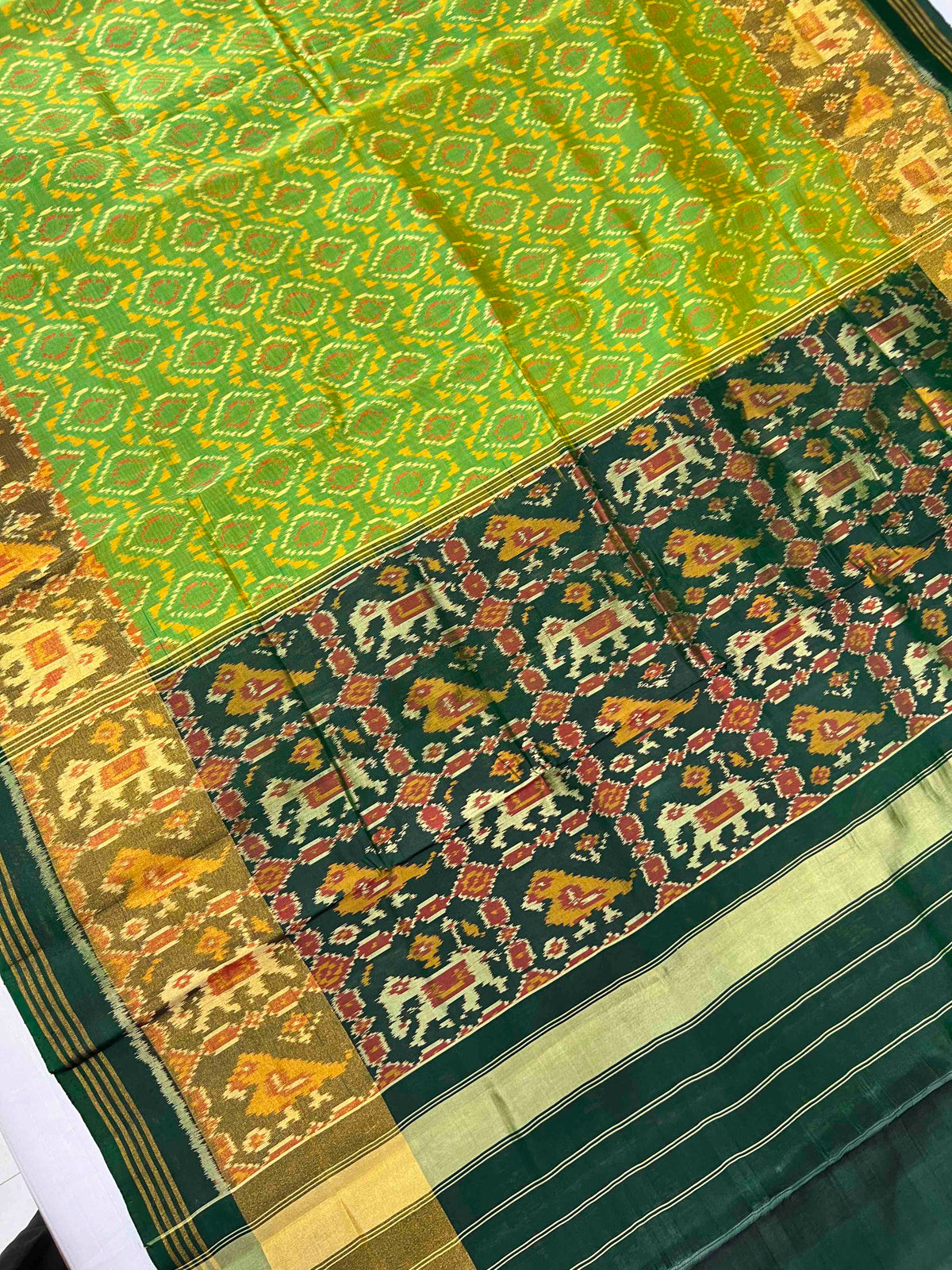 Parrot Green With Dark Green Small Design Hand Woven Rajkot Patola Silk Saree