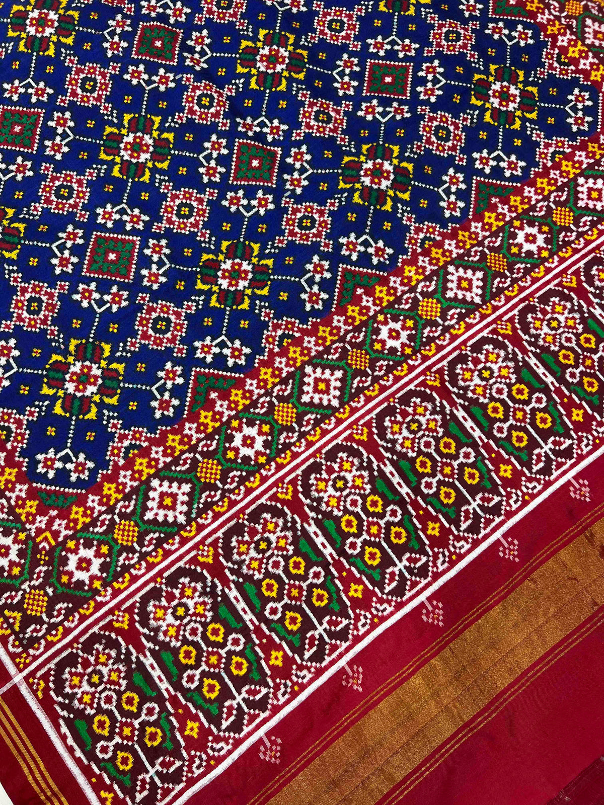 Blue And Red Navratan Design Pure Hand Woven Double Ikat Patola Silk Saree
