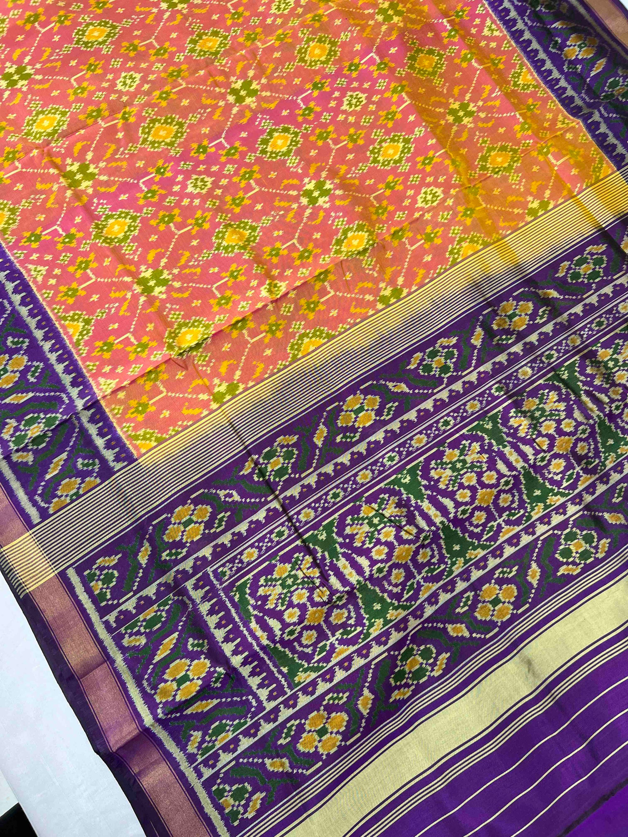 Piach With Purple Navratan Design Hand Woven Rajkot Patola Silk Saree