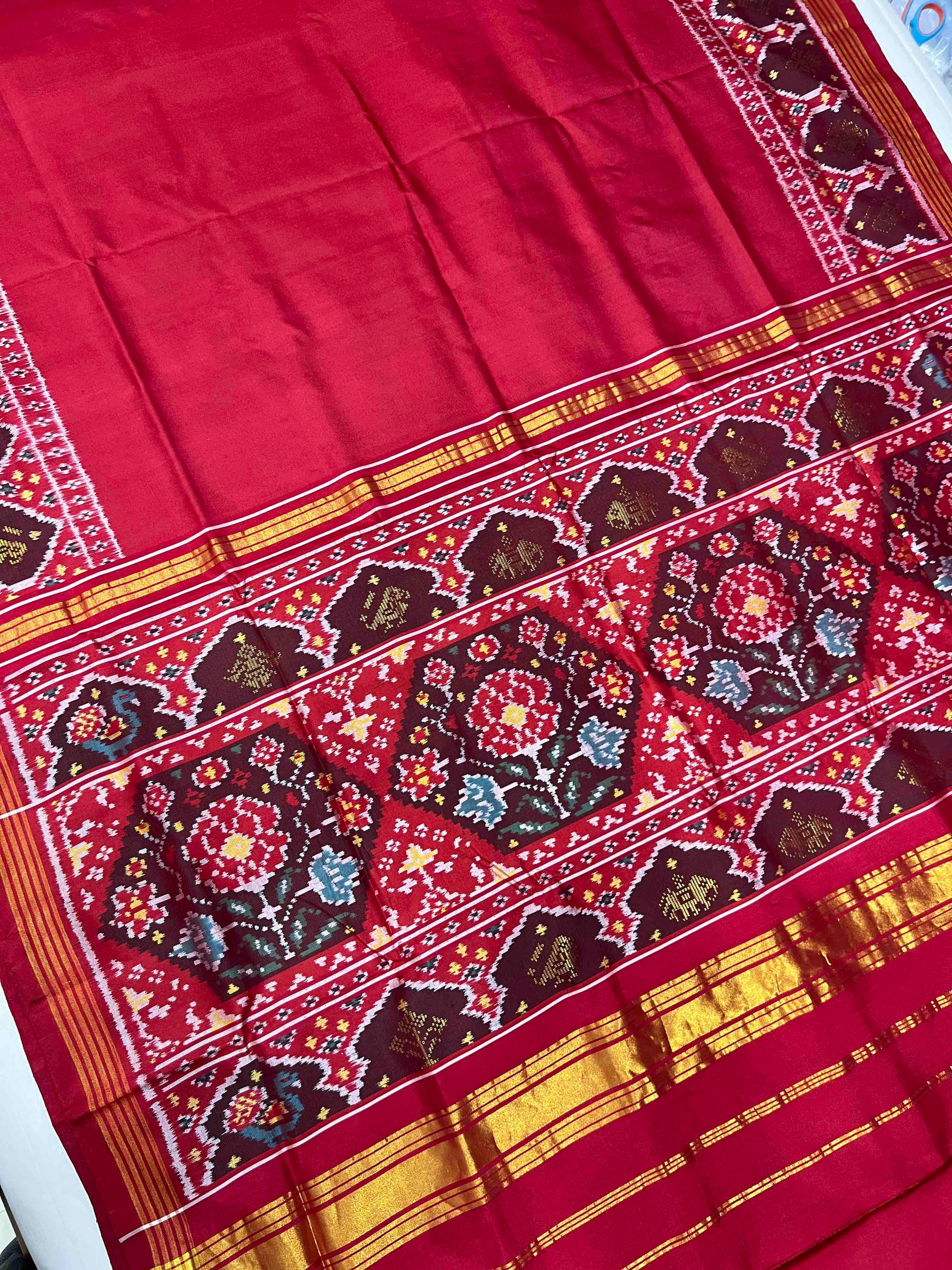 Red Plain With 5 Figure Zari Work Hand Woven Rajkot Ikat Patola Silk Saree