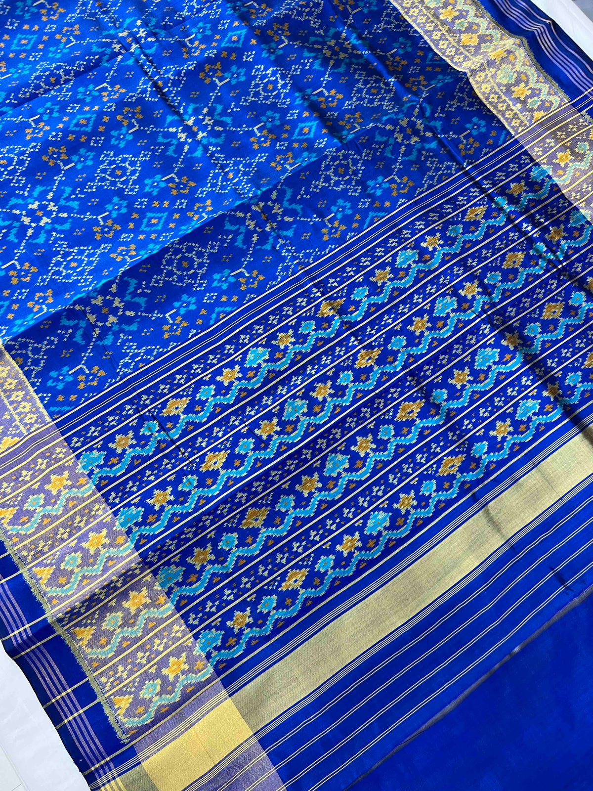 Full Blue Navratan Design Hand Woven Rajkot Patola Silk Saree