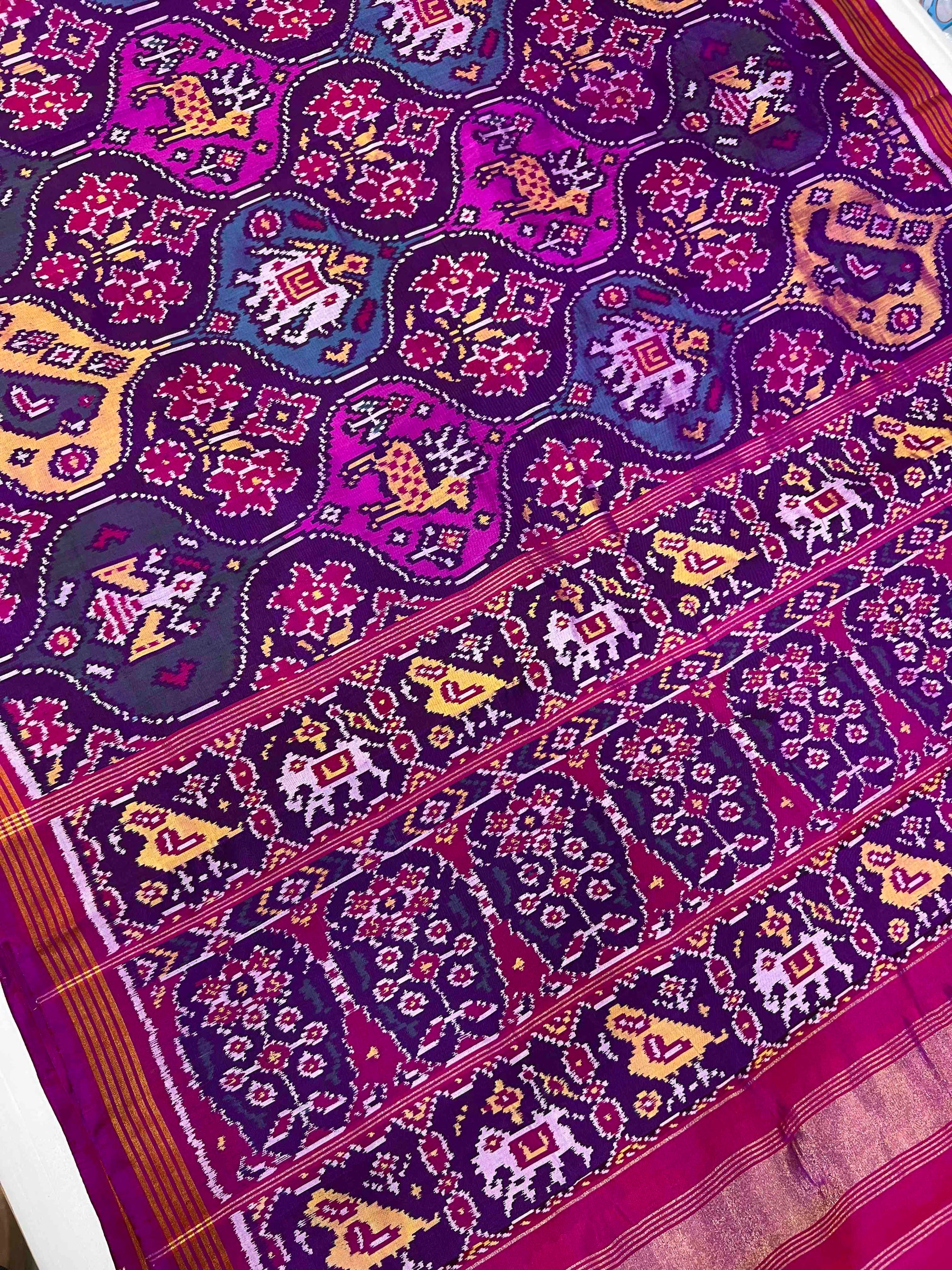Purple & Pink Multi Big Motifs Hand Woven Rajkot Ikat Patola Silk Saree